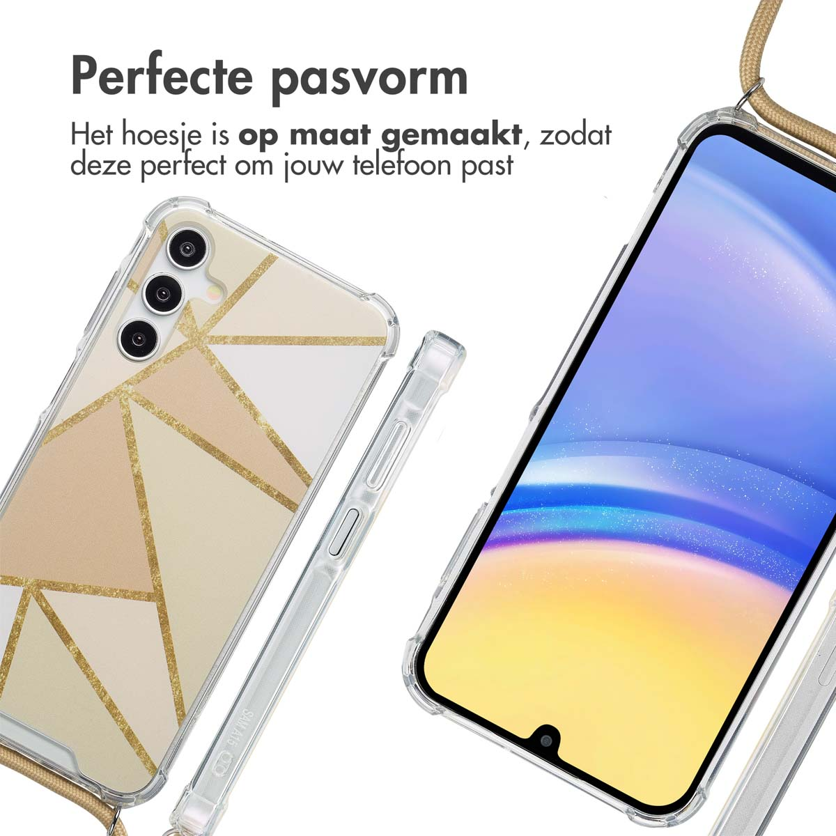 Deux coques de téléphone. Un design géométrique doré, l'autre avec un étui transparent. Les deux sur fond blanc.