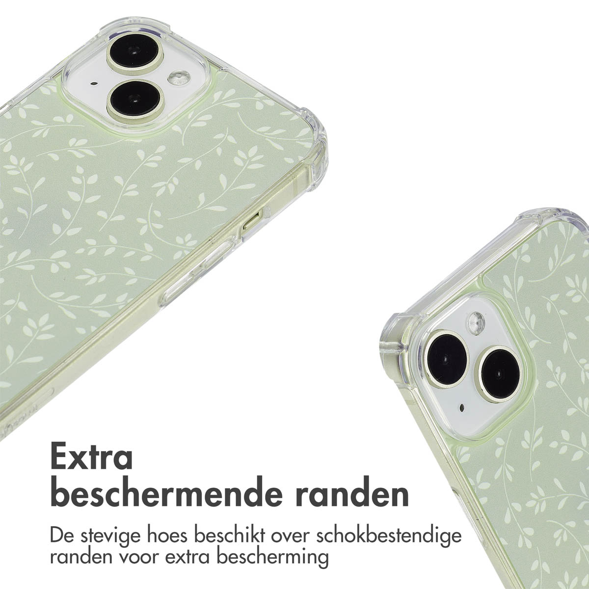 Deux coques de téléphone avec un motif floral vert. Les coques sont transparentes avec un motif de feuilles blanches.