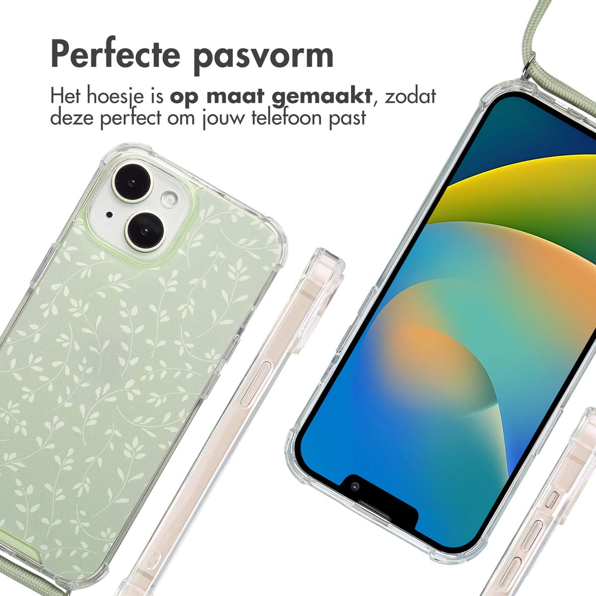 Deux coques de téléphone avec un motif floral vert. Les coques sont transparentes avec un motif de feuilles blanches.