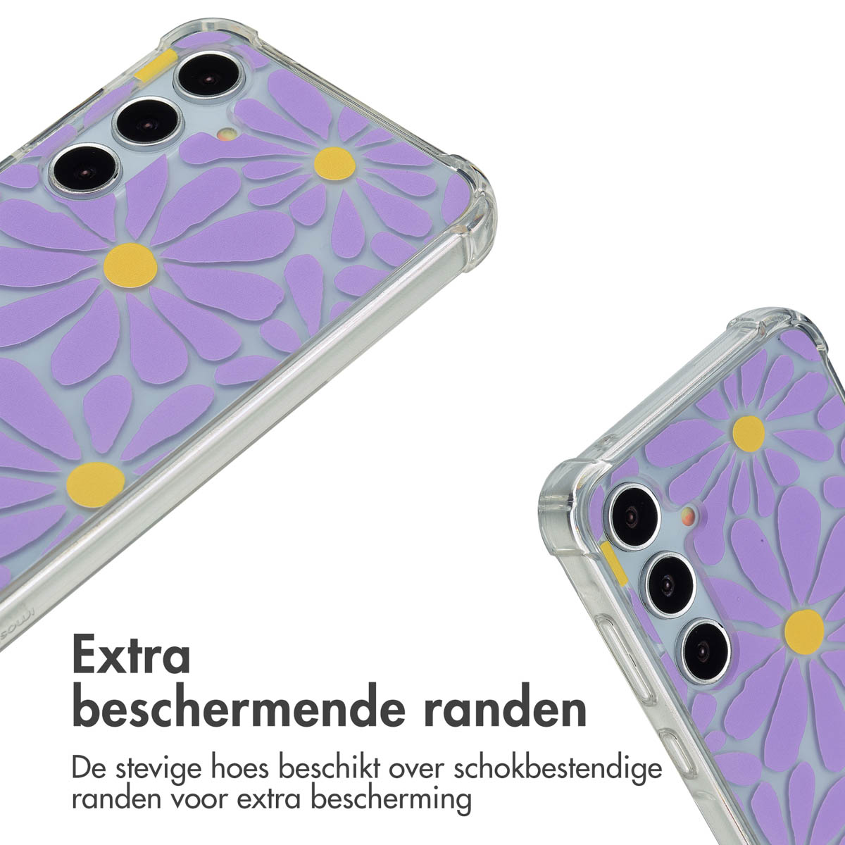 Téléphone avec coque de marguerite violette et bords résistants aux chocs.