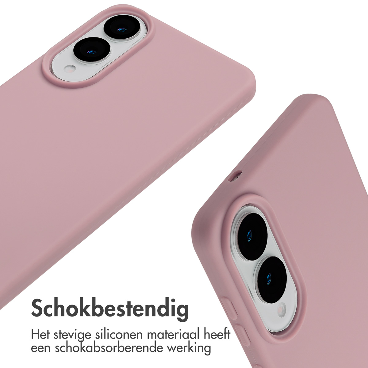 Deux coques de téléphone roses avec découpes pour appareil photo sont orientées vers le spectateur. Le texte dit 'Résistant aux chocs' en néerlandais.