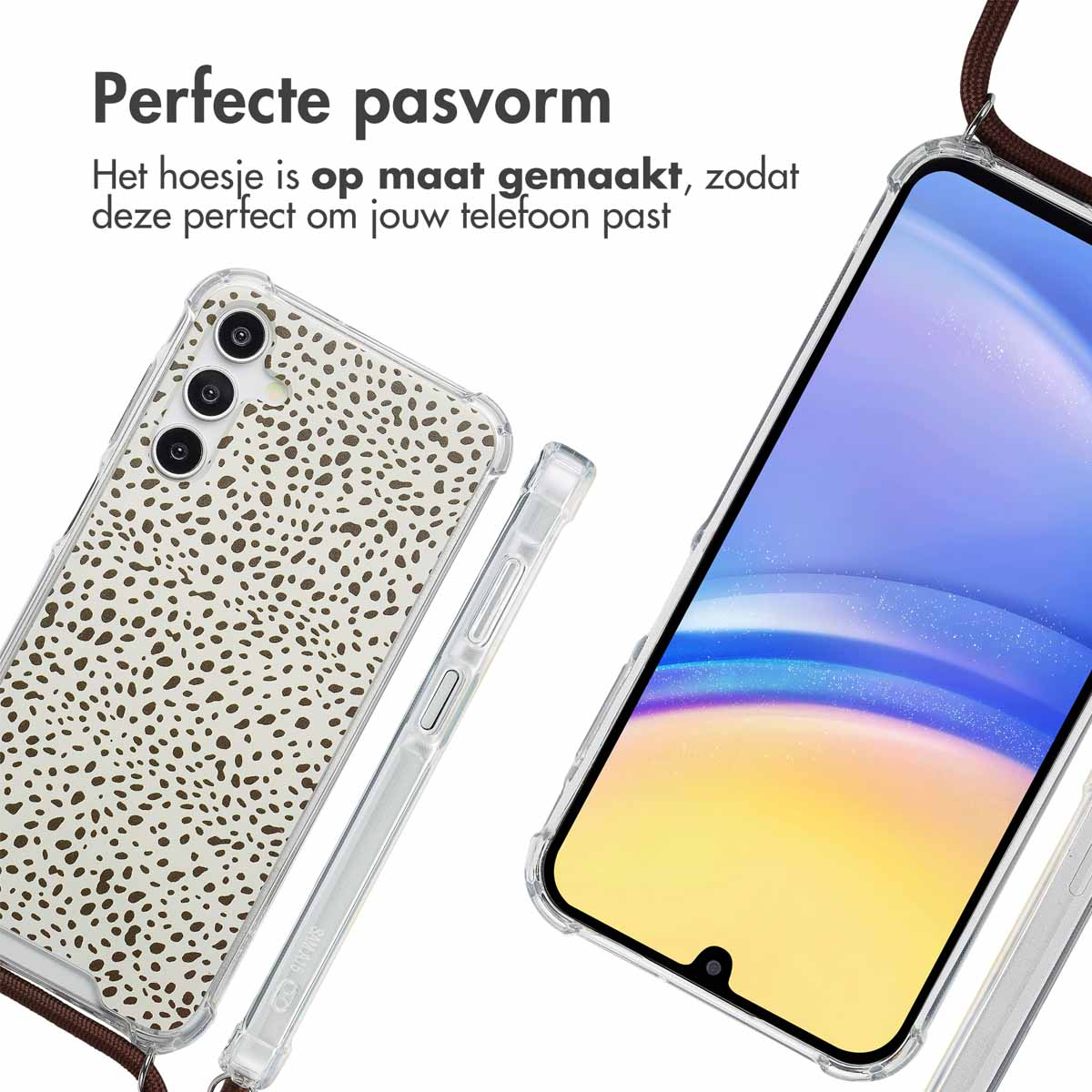 Telefoon met wit stipjes hoesje naast een telefoon met scherm.