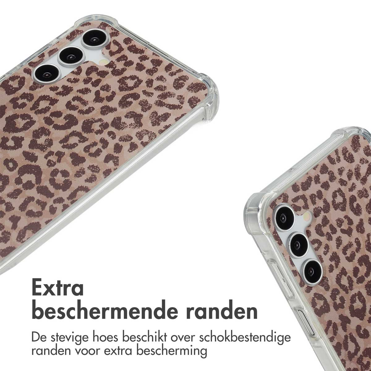 Twee telefoonhoesjes met luipaardprint design zijn naar de kijker gekanteld. Tekst zegt 'Extra beschermende randen' in het Nederlands.