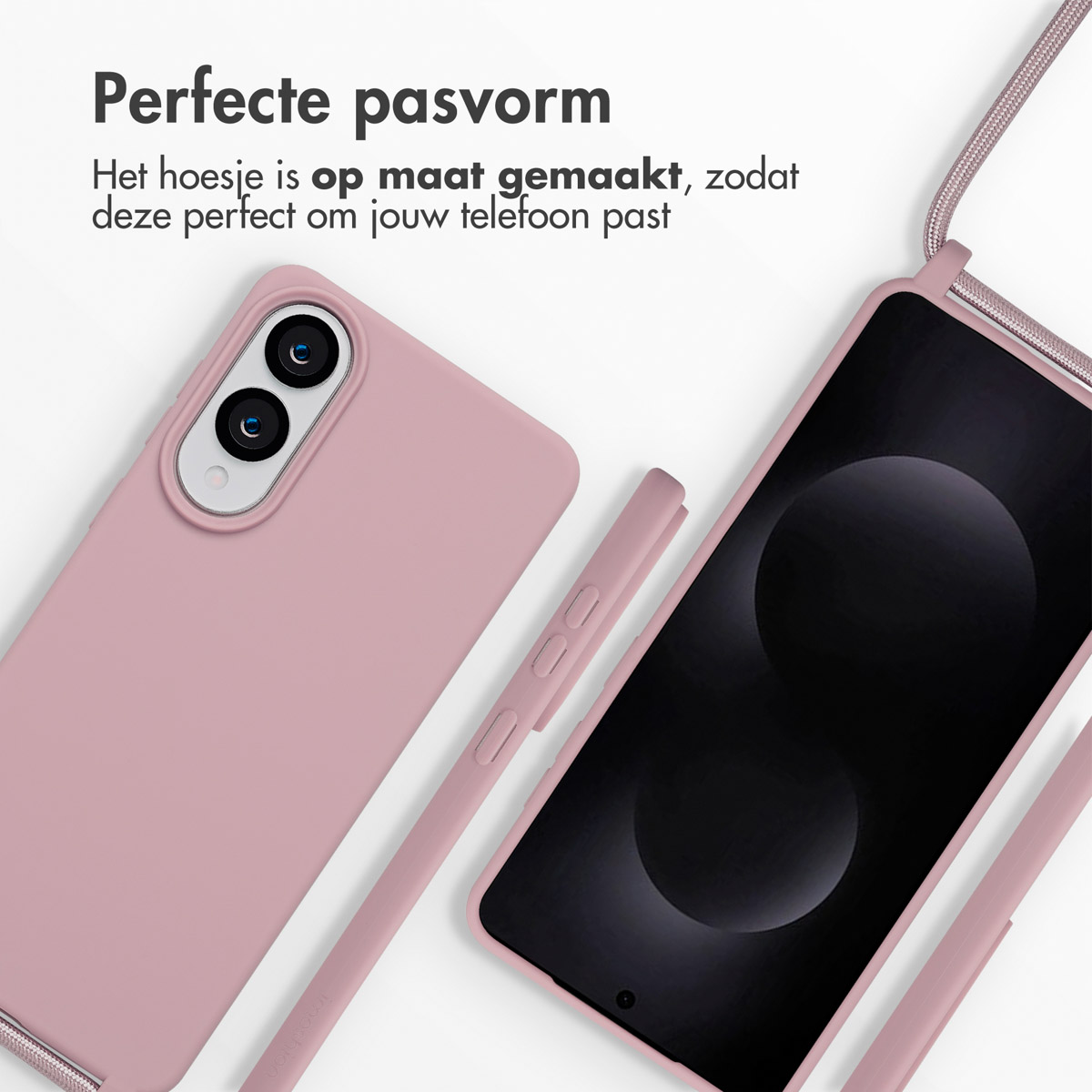 Deux téléphones avec des coques. L'un est rose, l'autre est un téléphone. Texte en néerlandais. Coque rose à côté d'un téléphone.