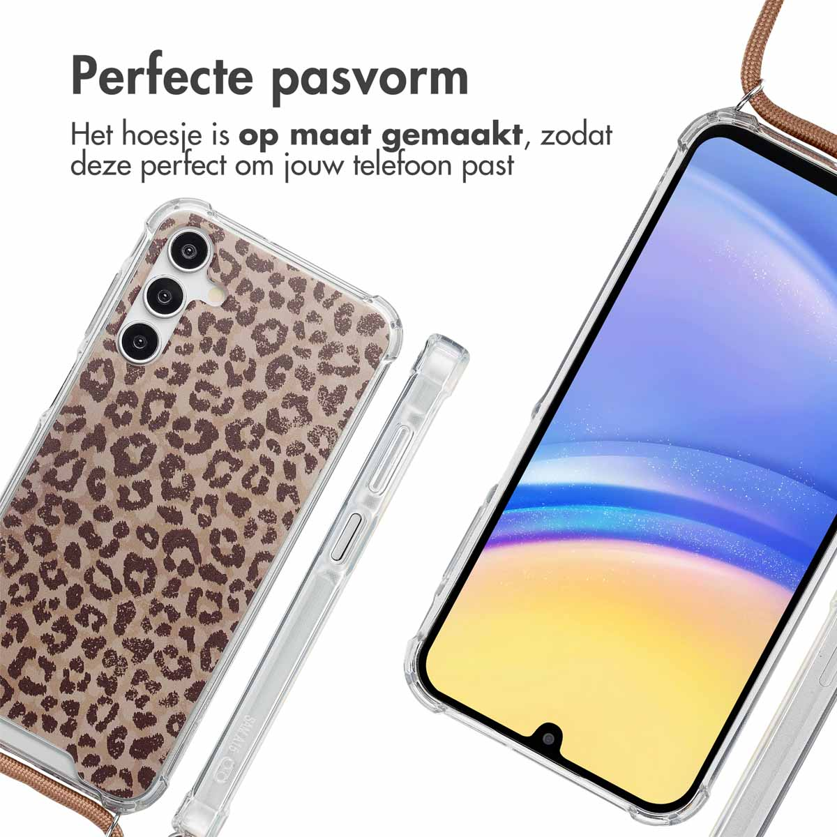 Twee telefoons met luipaardprint hoesjes. Eén hoesje zit op een telefoon, de andere is los. Tekst in het Nederlands.