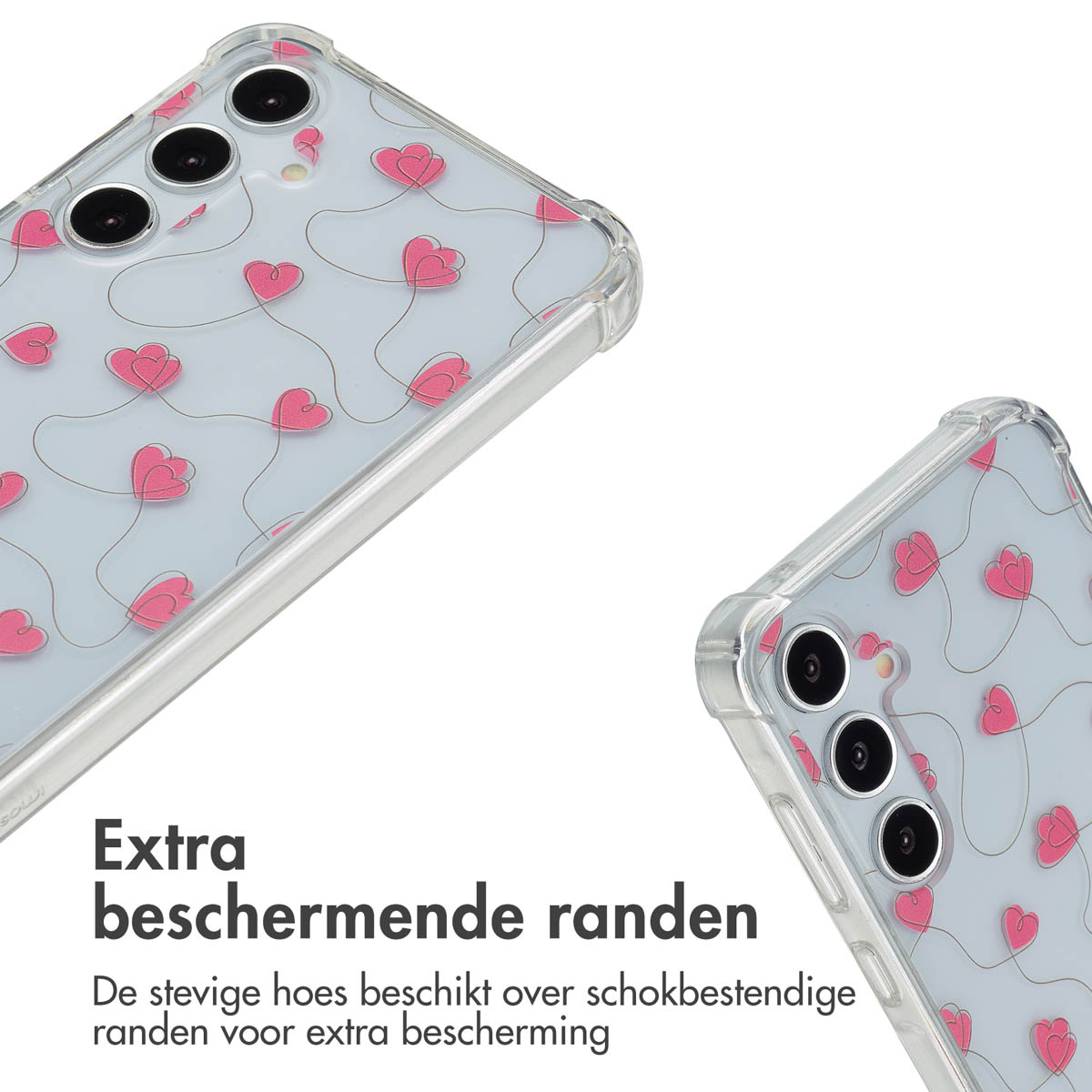 Deux coques de téléphone avec un motif de cœur rose sont orientées vers le spectateur. Le texte dit 'Bords extra protecteurs' en néerlandais.