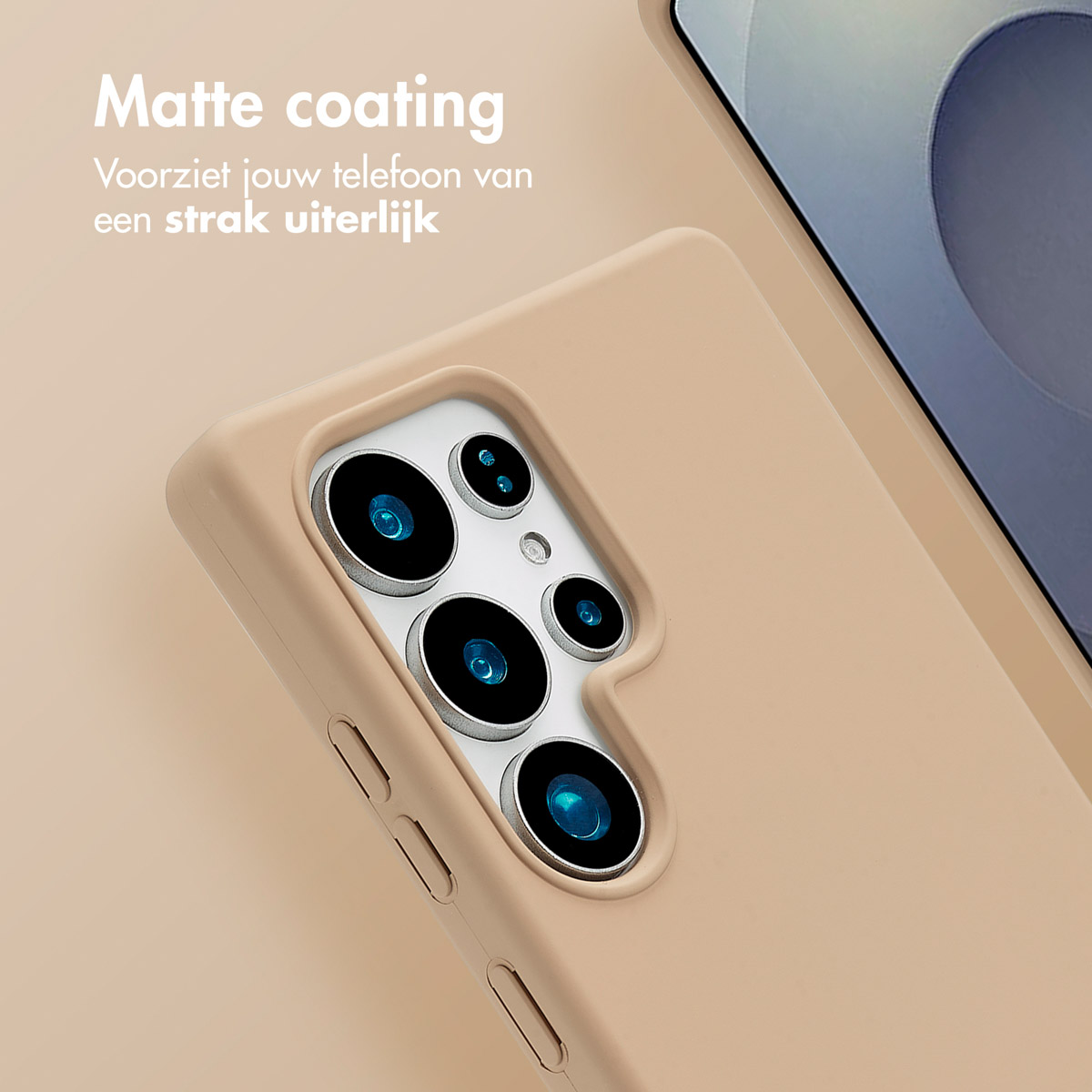 Une coque de téléphone avec le téléphone est affichée. Le texte dit 'Revêtement mat' en néerlandais.