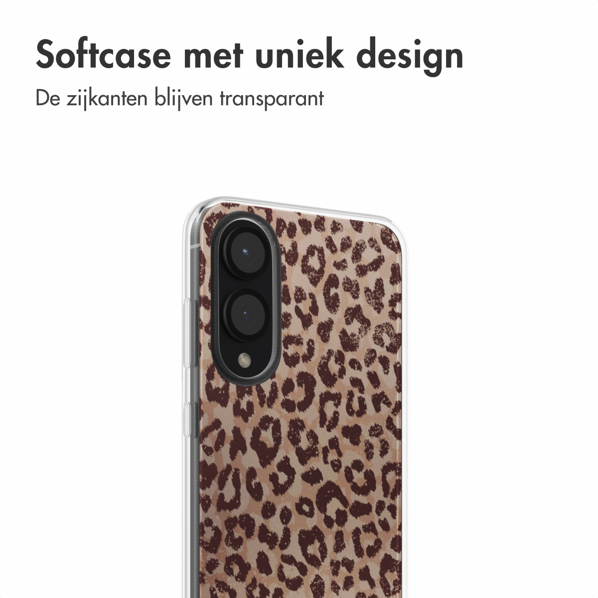 Close-up van een telefoon met een luipaardprint hoesje. Het hoesje bedekt de achterkant en zijkanten. Tekst in het Nederlands.