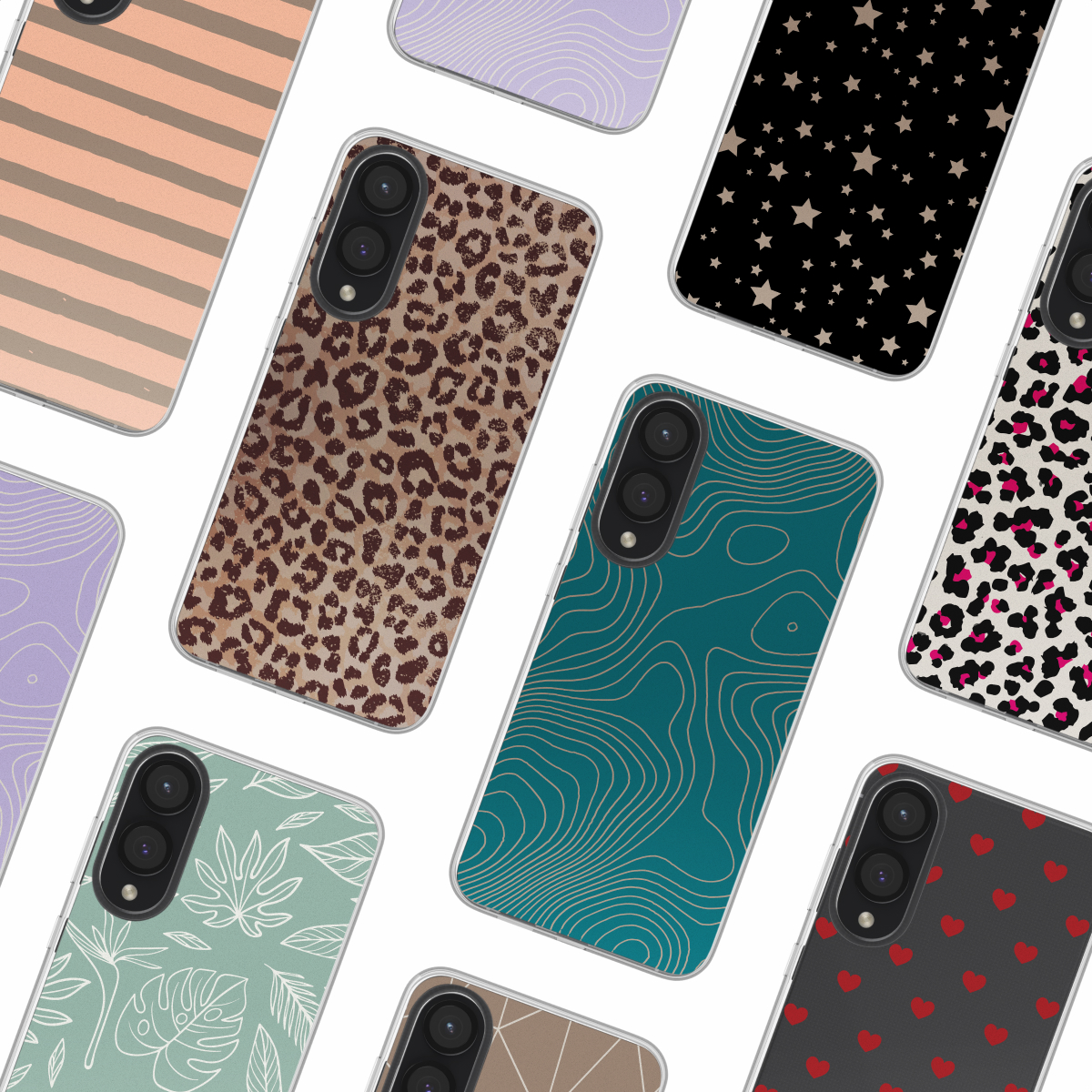 Assortiment telefoonhoesjes met diverse designs: luipaardprint, sterren, bloemen en meer, op een witte achtergrond.