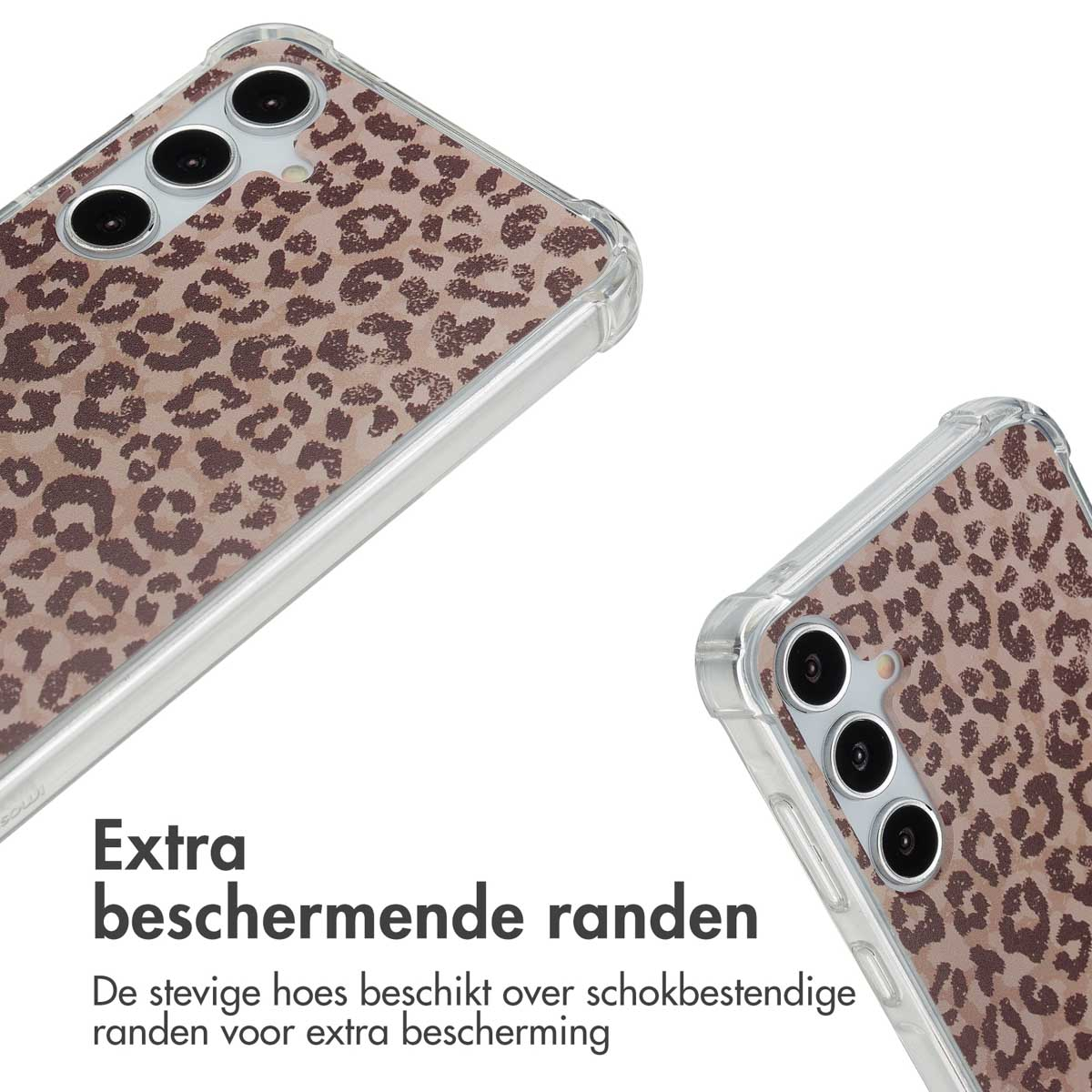 Coque de téléphone à imprimé léopard. Taches marron sur fond clair. Deux coques sont présentées, une inclinée.