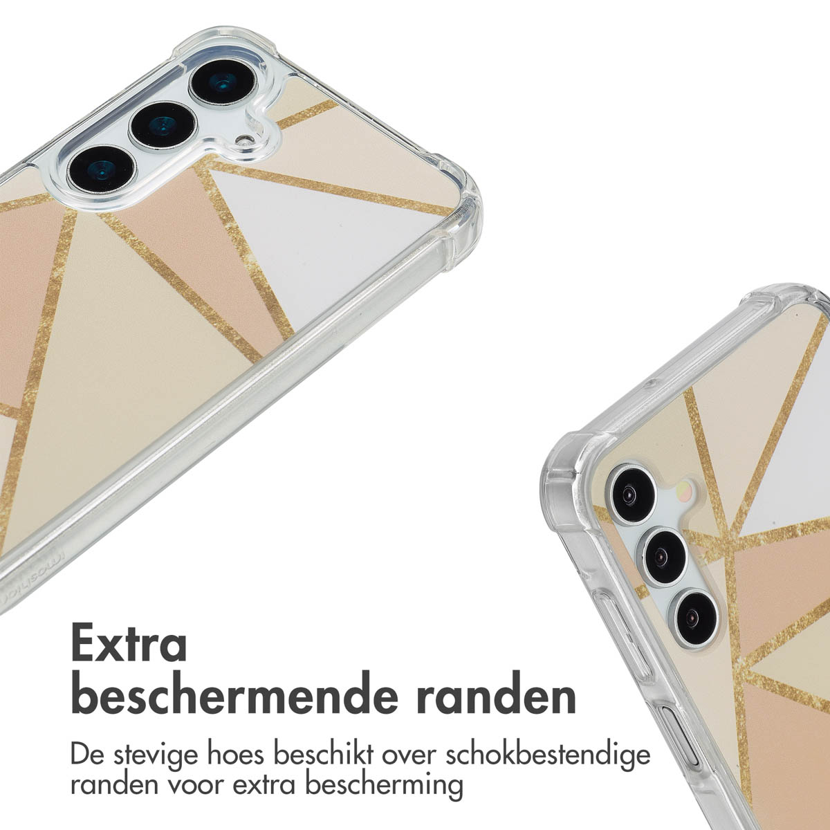 Telefoonhoesje met geometrisch ontwerp. Beige, gouden en witte vormen. Twee hoesjes worden getoond, één schuin.