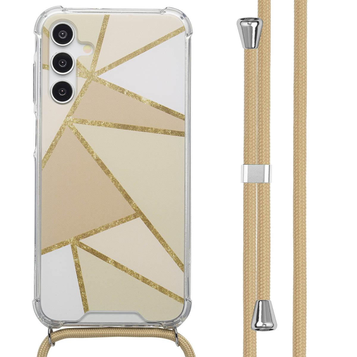 Telefoonhoesje met geometrisch goud design op een witte en beige achtergrond. Het koord is beige, met zilverkleurige hardware.