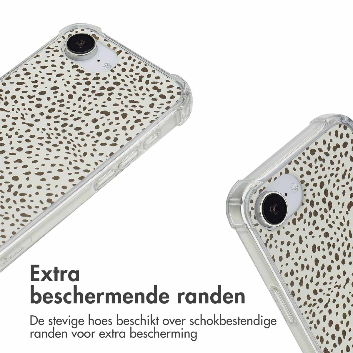 Coque de téléphone à pois marron. Deux coques sont présentées, une inclinée. Le fond est blanc.