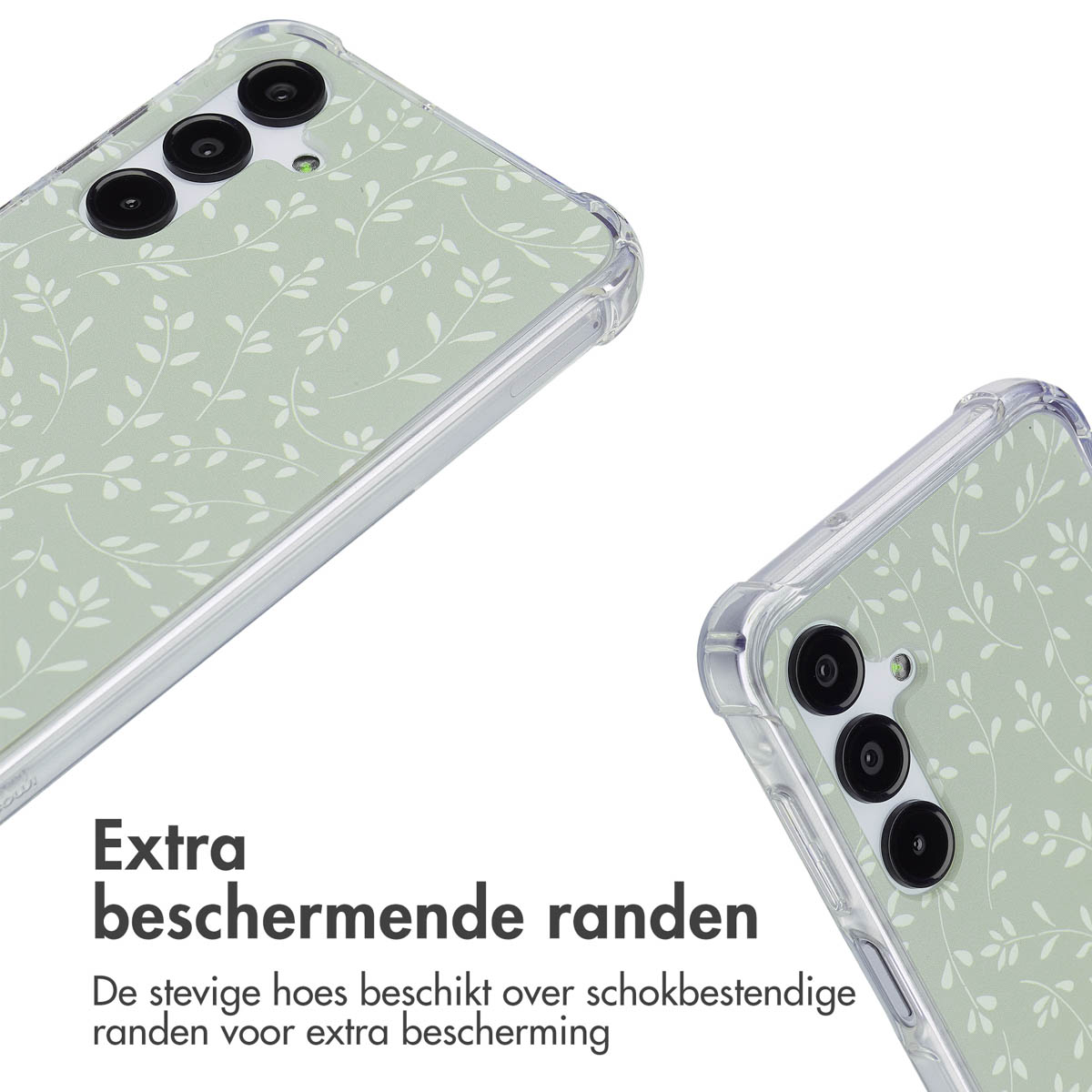 Telefoonhoesje met een groen bladerdesign. Twee hoesjes worden getoond, één schuin. De achtergrond is wit.