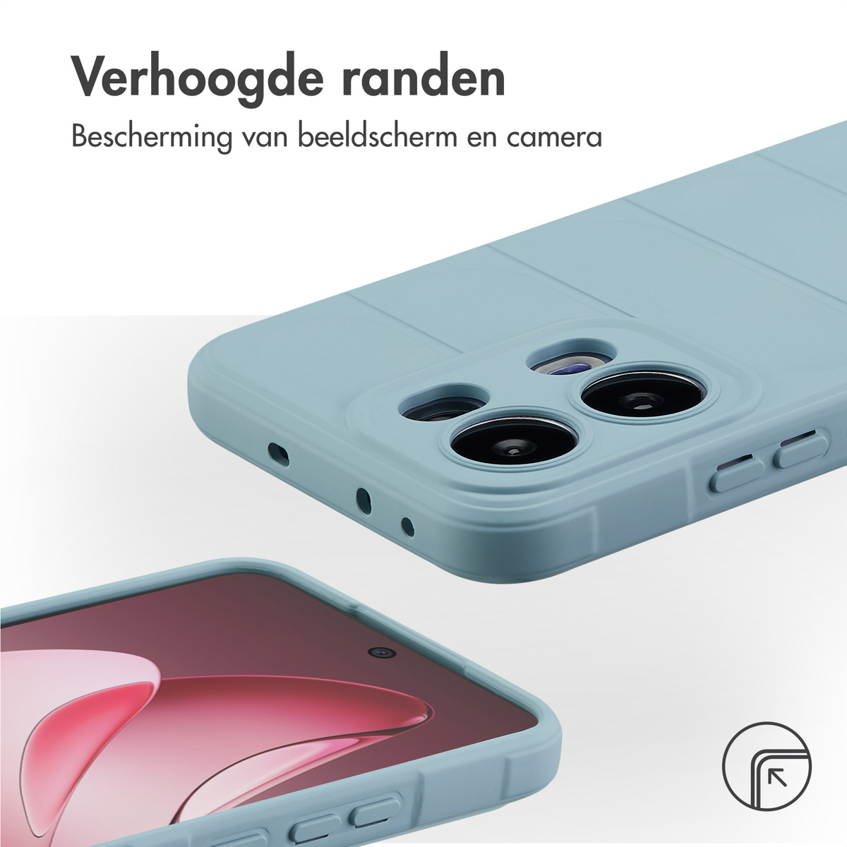 Gros plan sur une coque de téléphone bleue avec des bords surélevés. Texte : Bords surélevés. Protection de l'écran et de la caméra.