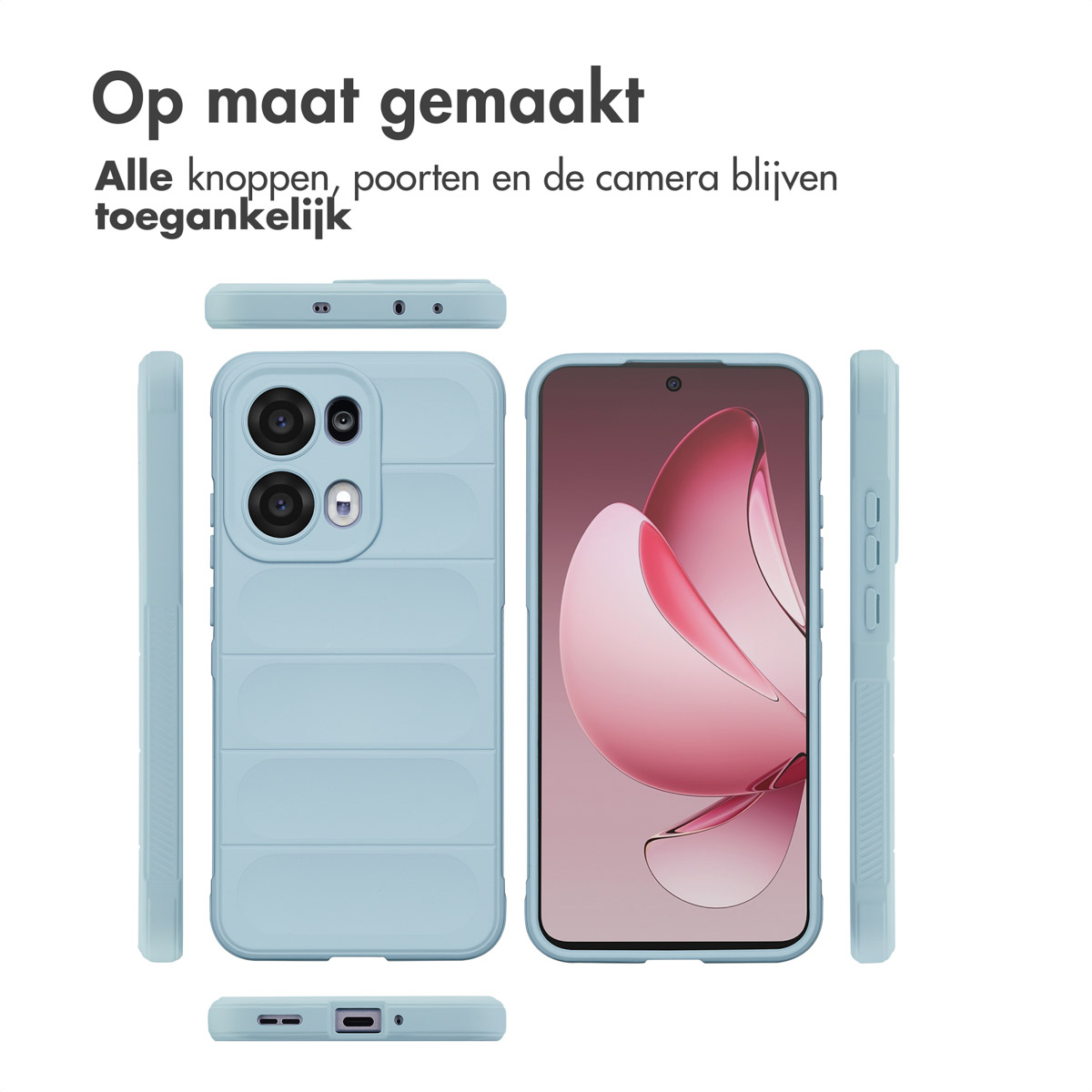 Coque de téléphone avec un design bleu. Plusieurs parties du téléphone sont présentées. Le téléphone a un fond rose.