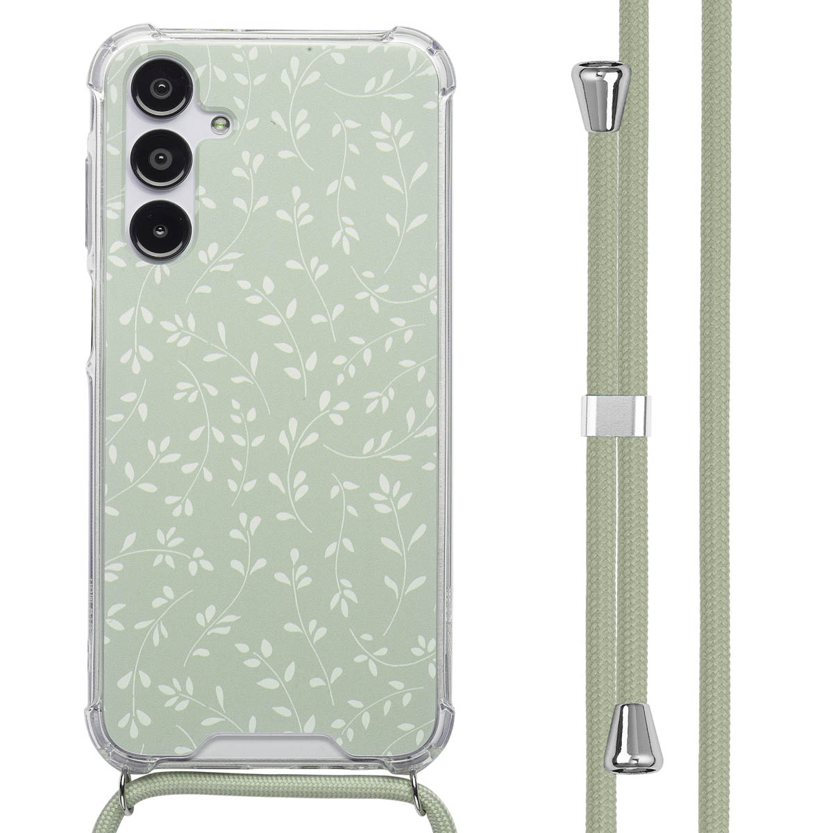 Een telefoonhoesje met een bladerpatroon en een riem. De riem is groen. De case staat op een witte achtergrond.