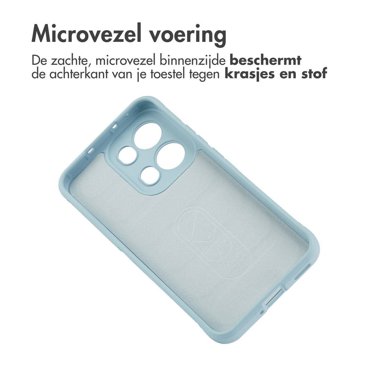 Intérieur d'une coque de téléphone bleue. L'intérieur est bleu clair et comporte un patch blanc.