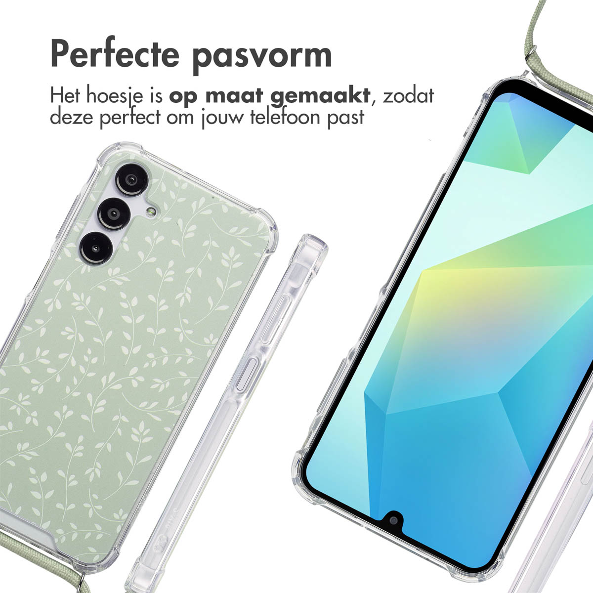 Telefoonhoesje met een groen bladerdesign. De telefoon staat naast een andere telefoon. Beide hebben doorzichtige hoesjes.