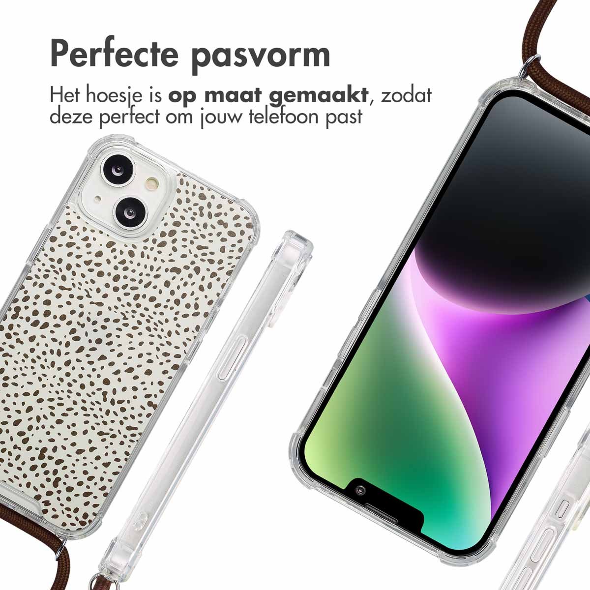 Telefoonhoesje met een bruin gestippeld ontwerp. De telefoon staat naast een andere telefoon. Beide hebben doorzichtige hoesjes.