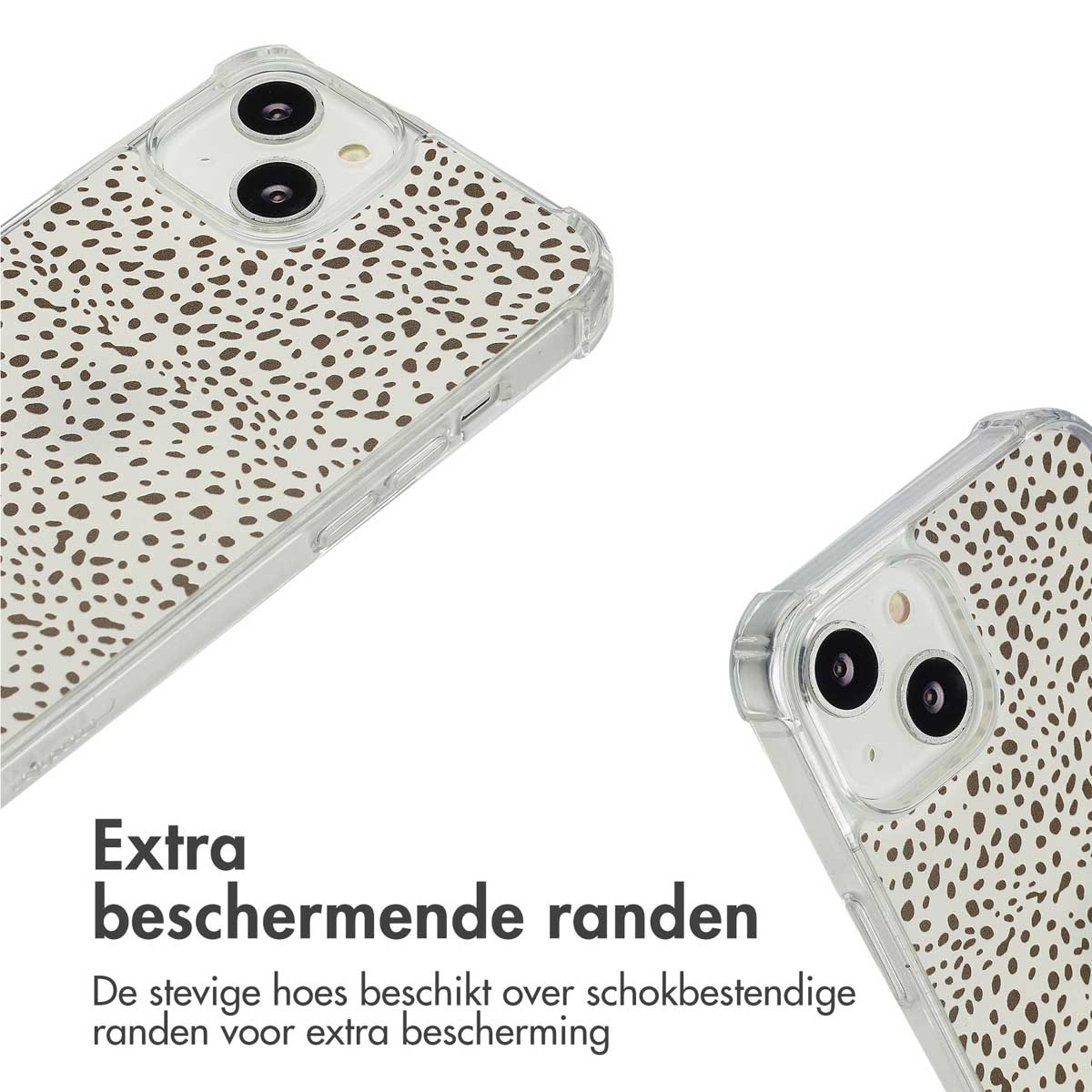 Twee telefoons in hoesjes met luipaardprint. Tekst: 'Extra beschermende randen'.