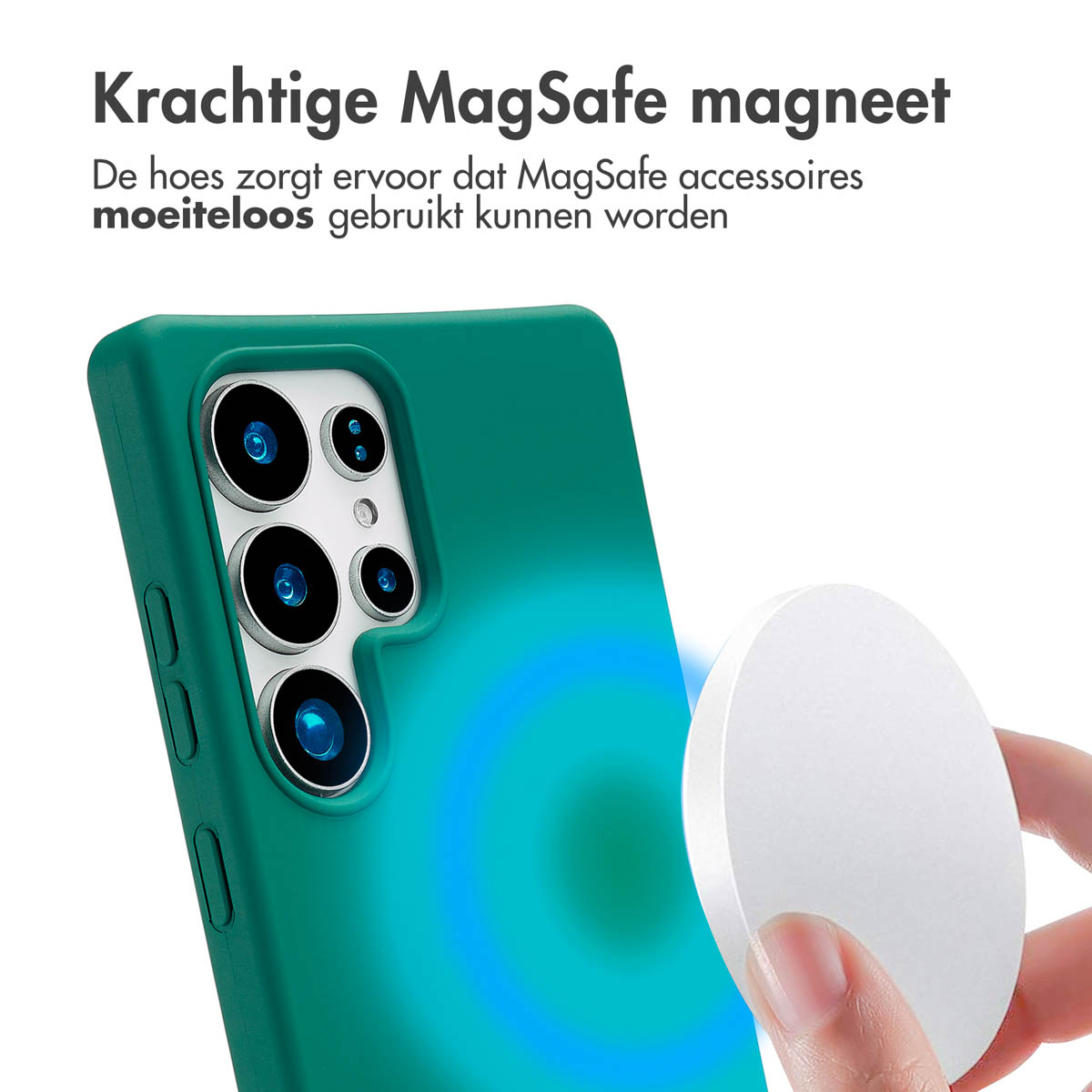 Groene telefoonhoes met een witte cirkel ernaast. Tekst: Krachtige MagSafe-magneet. Blauw licht toont een verbinding.