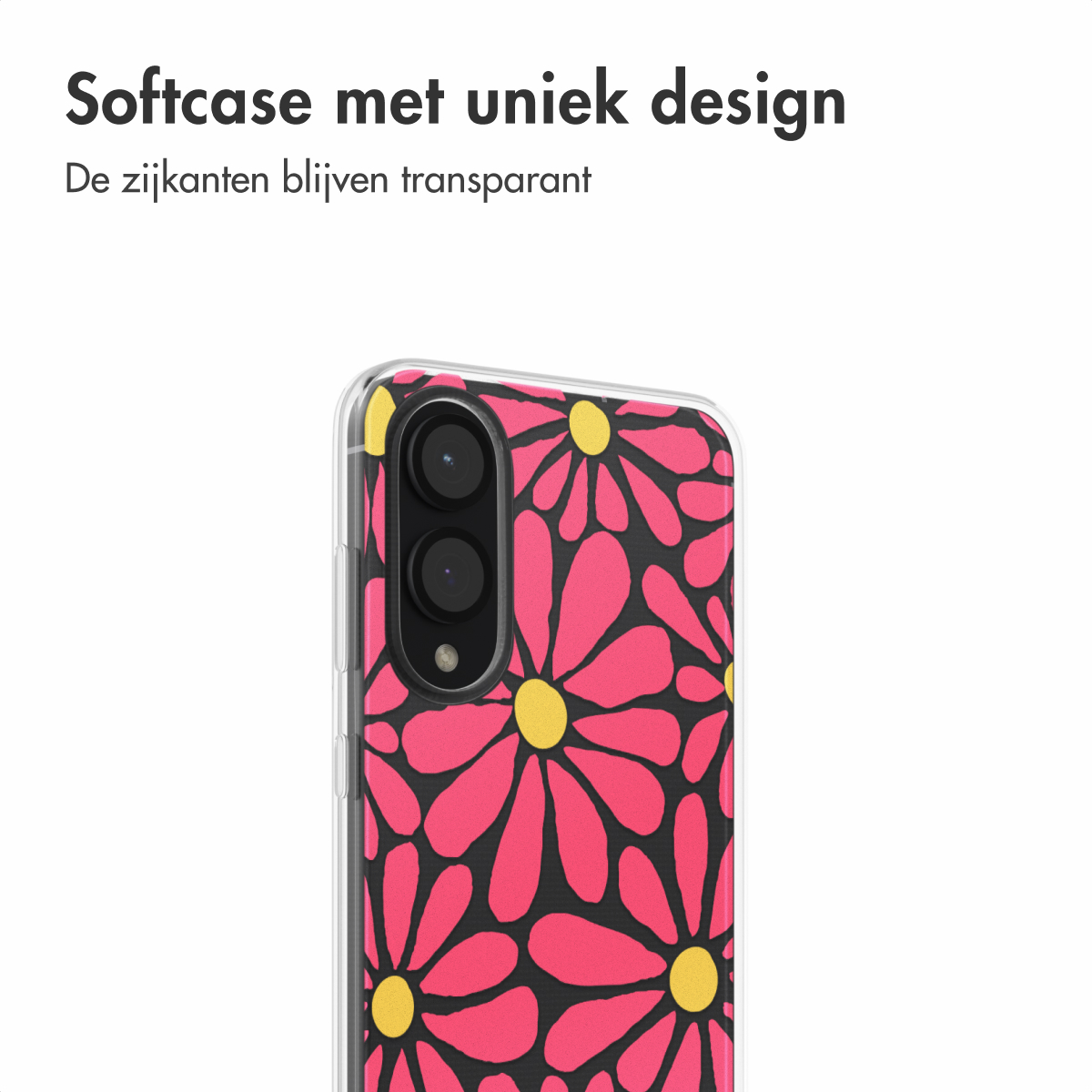 Coque de téléphone avec des fleurs roses et des centres jaunes. Texte : Coque souple avec un design unique. Les côtés restent transparents.
