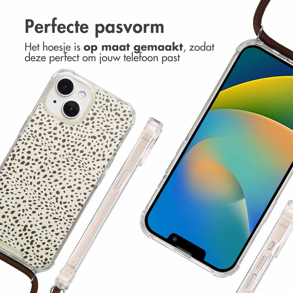 Telefoonhoesjes met koord bevestigd. Tekst: Perfecte pasvorm. De case past perfect om je telefoon.