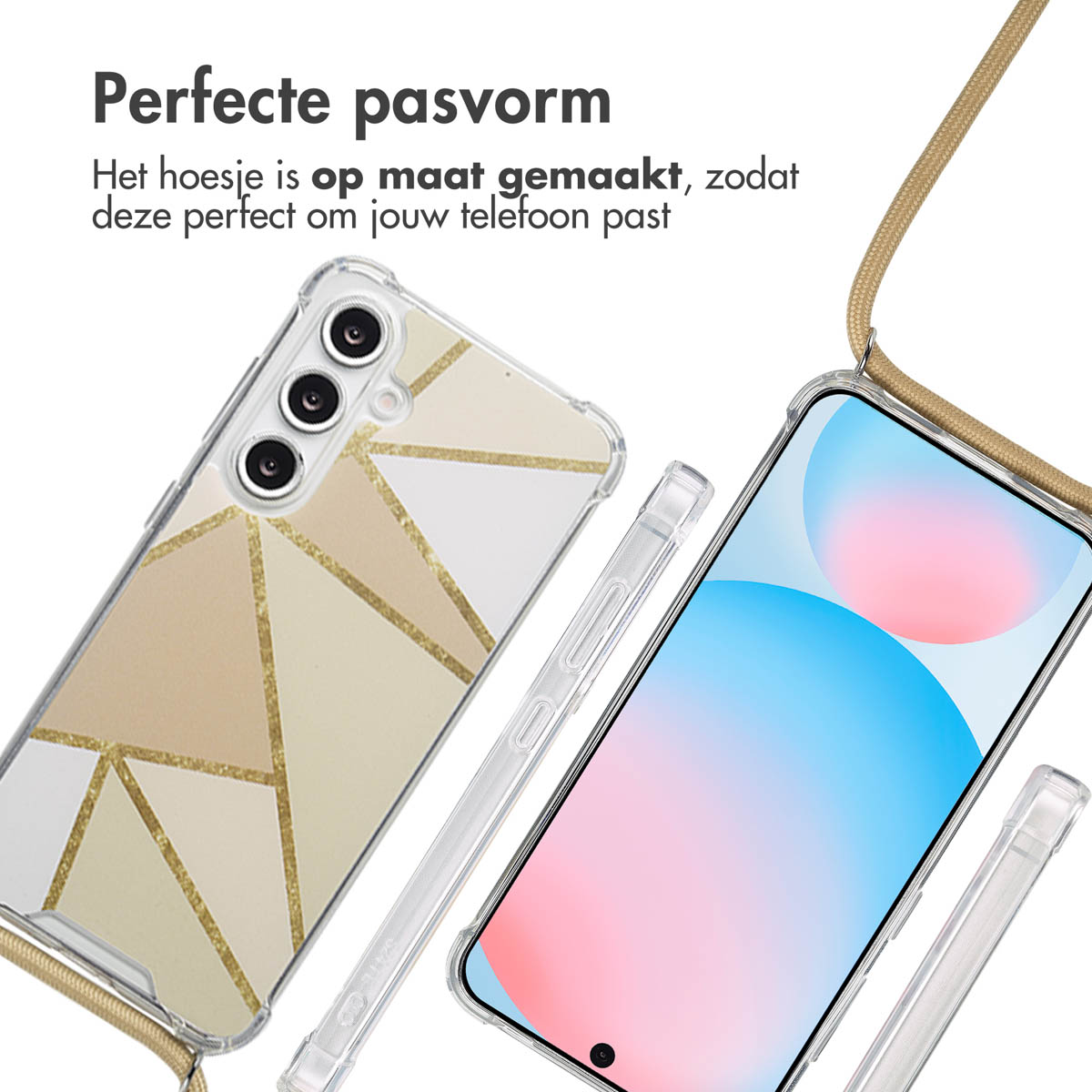 Deux téléphones dans des étuis aux motifs géométriques. L'un est or, blanc et beige. L'autre a un écran bleu et rose.