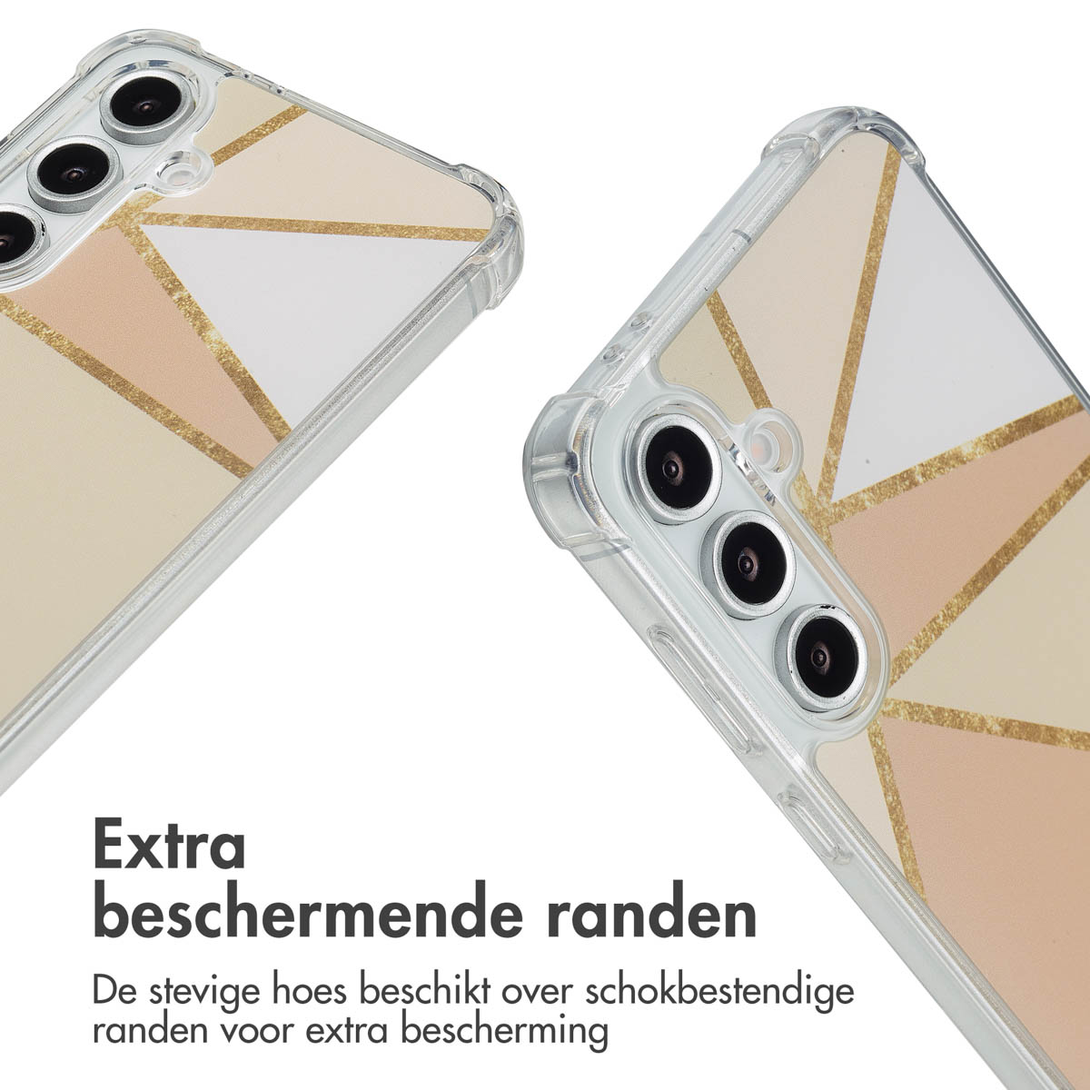 Gros plan sur des coques de téléphone avec un design géométrique. Bords supplémentaires visibles.