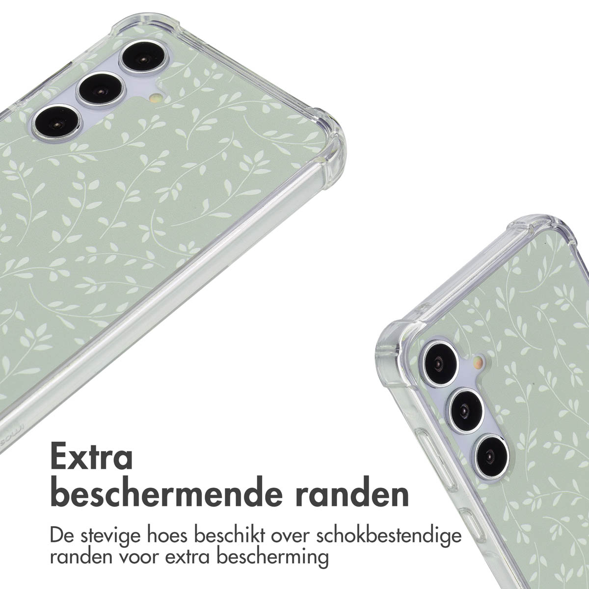 Coques de téléphone avec un motif floral vert. Texte : Bords de protection supplémentaires, l'étui robuste a des bords résistants aux chocs.