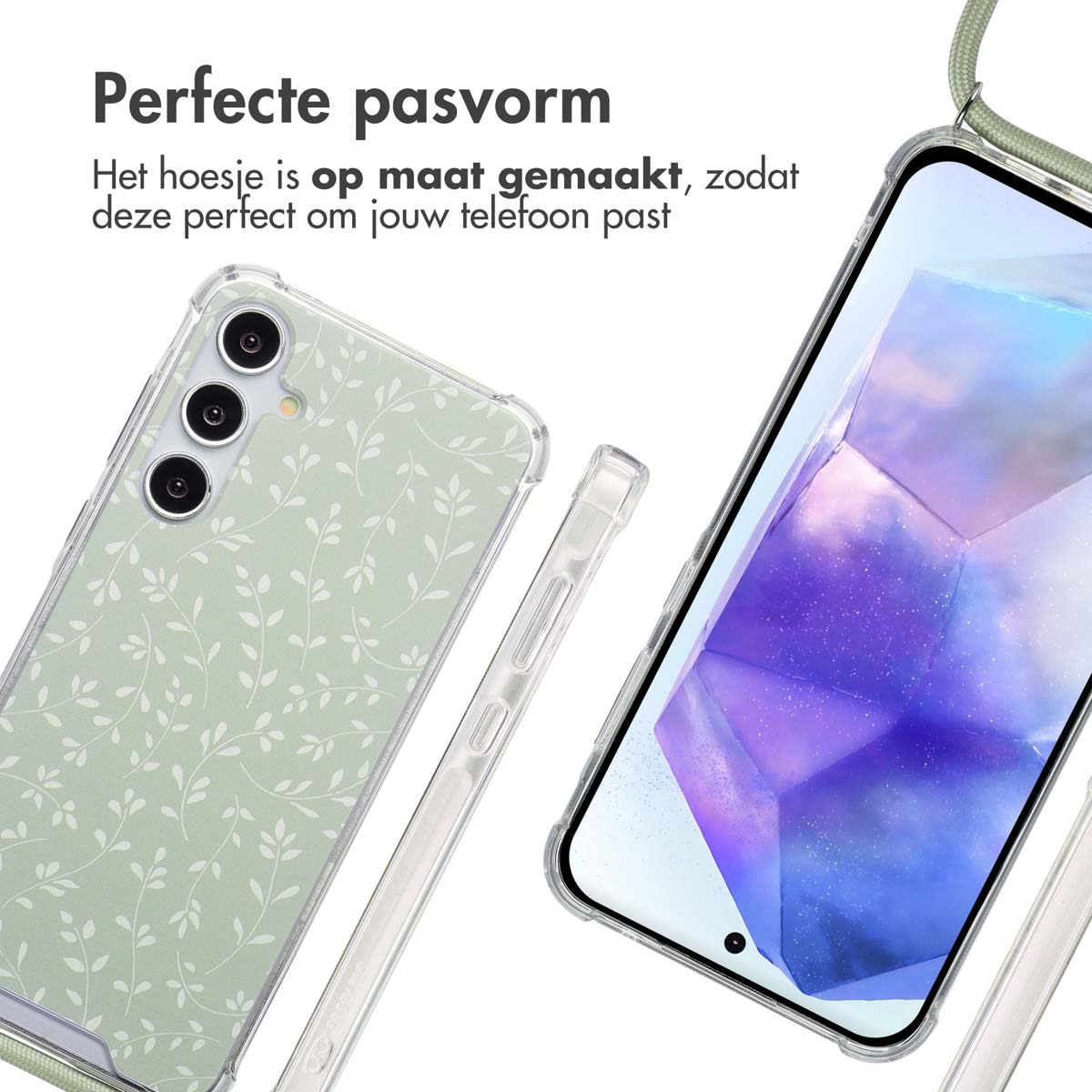 Téléphone avec un étui à motifs floraux verts. Texte : Ajustement parfait, l'étui est fait sur mesure pour s'adapter parfaitement à votre téléphone.