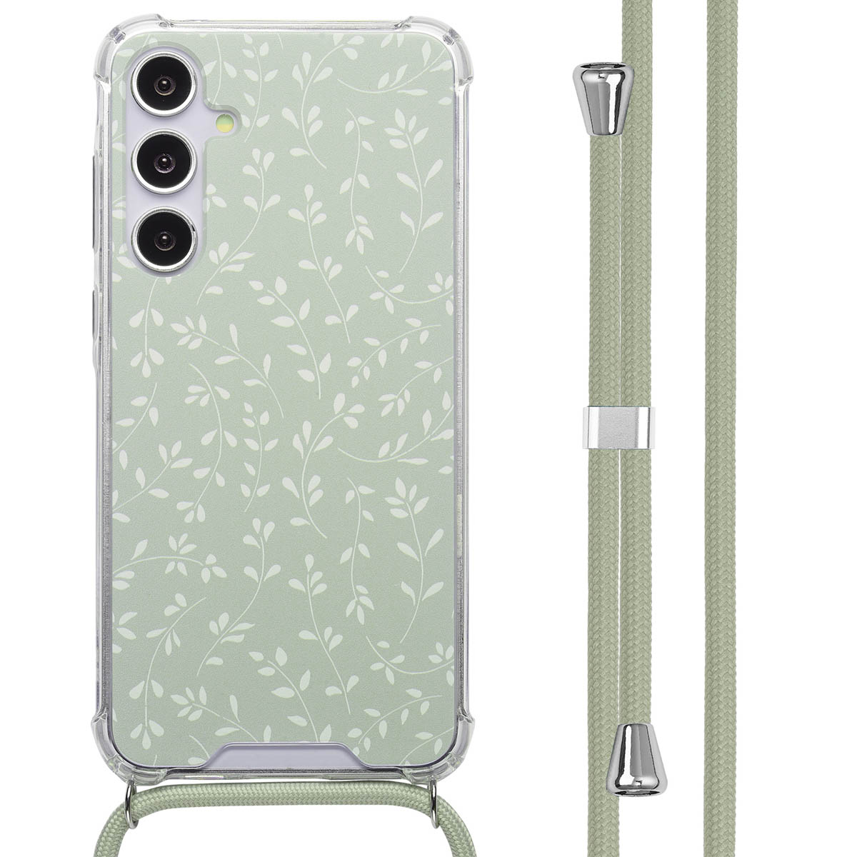 Coque de téléphone avec motif floral vert et lanière. Texte : Ajustement parfait, s'adapte parfaitement autour des boutons et des ports.