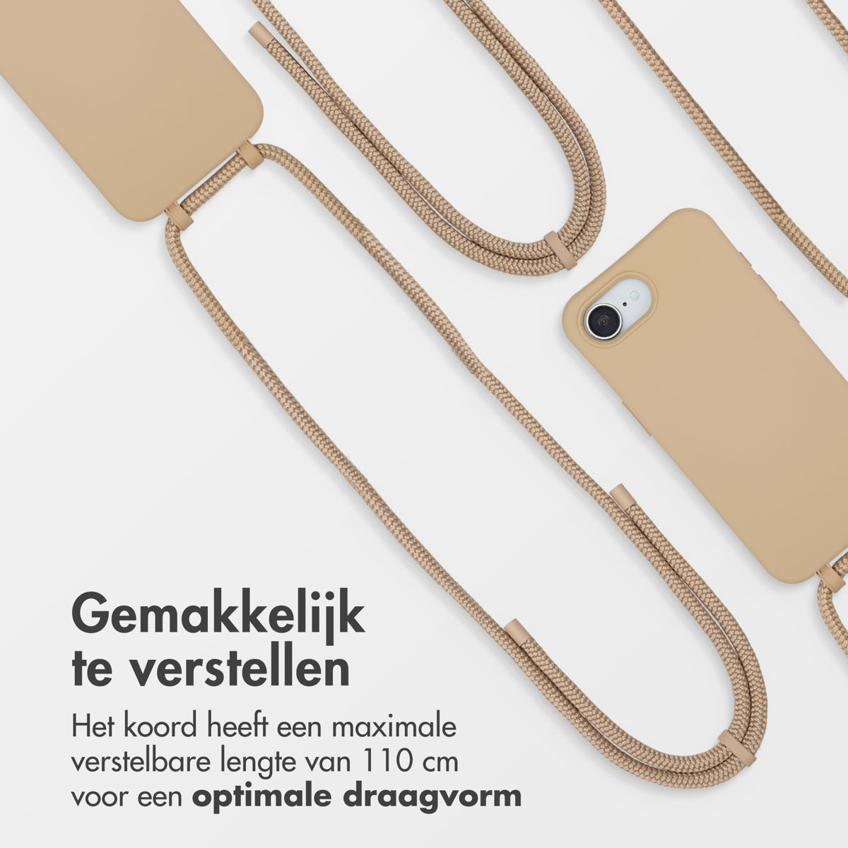 Beige telefoonhoesje en bandje. Het bandje is beige en verstelbaar.