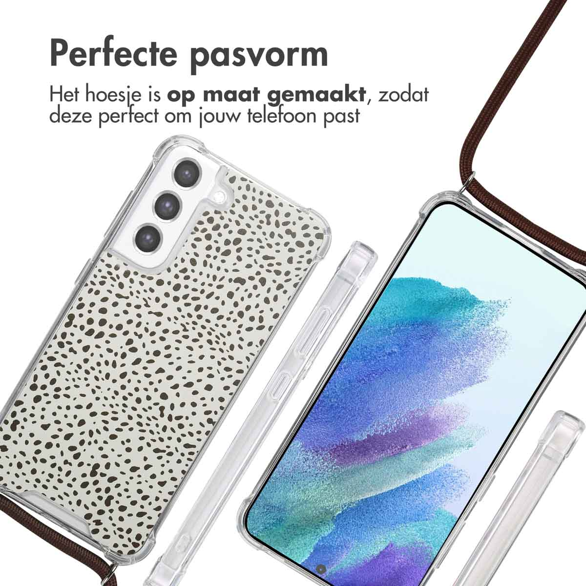 Telefoon met een hoesje met patroon en een bandje. Een telefoon en een hoesje worden getoond.