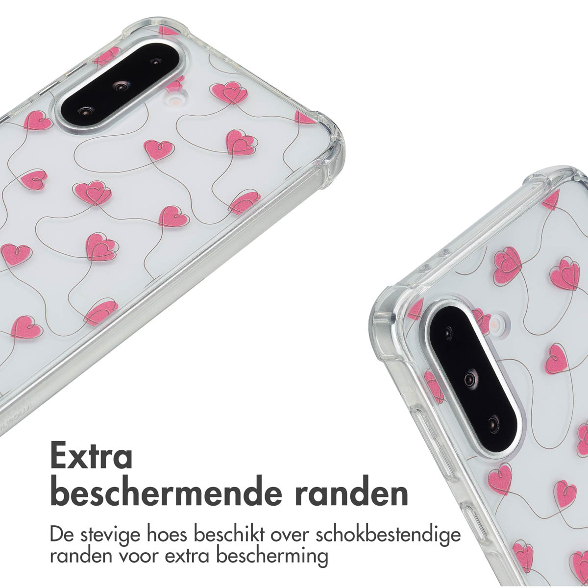 Coques de téléphone avec des cœurs roses sur fond transparent. Texte : Bords de protection supplémentaires, l'étui robuste a des bords résistants aux chocs.