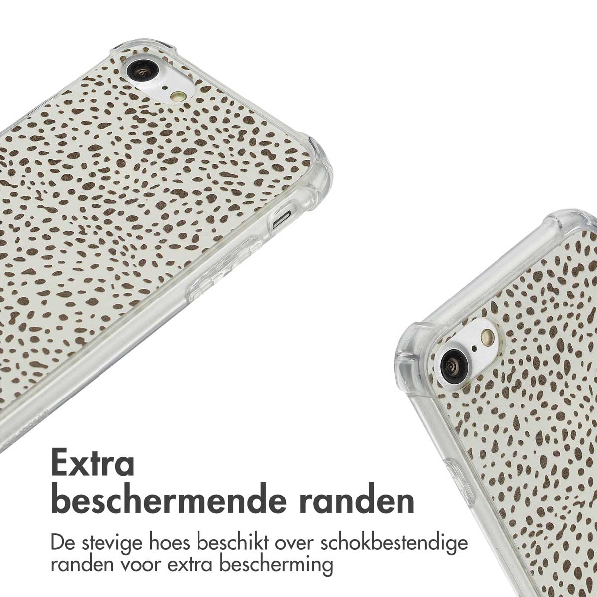 Twee telefoonhoesjes met bruine stippenpatronen. Tekst: Extra beschermende randen.