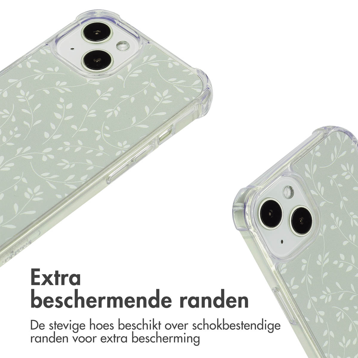 Deux coques de téléphone avec des motifs de feuilles. Texte : Bords protecteurs supplémentaires. La coque robuste a des bords résistants aux chocs.