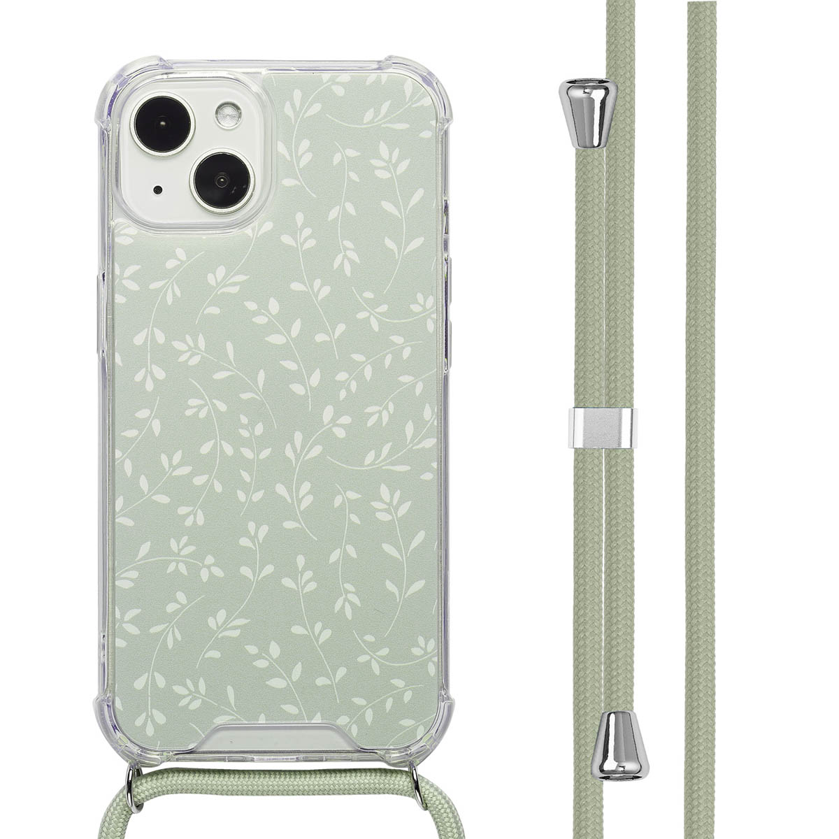 Une coque de téléphone avec un motif floral et une sangle. La sangle est verte et la coque est transparente.