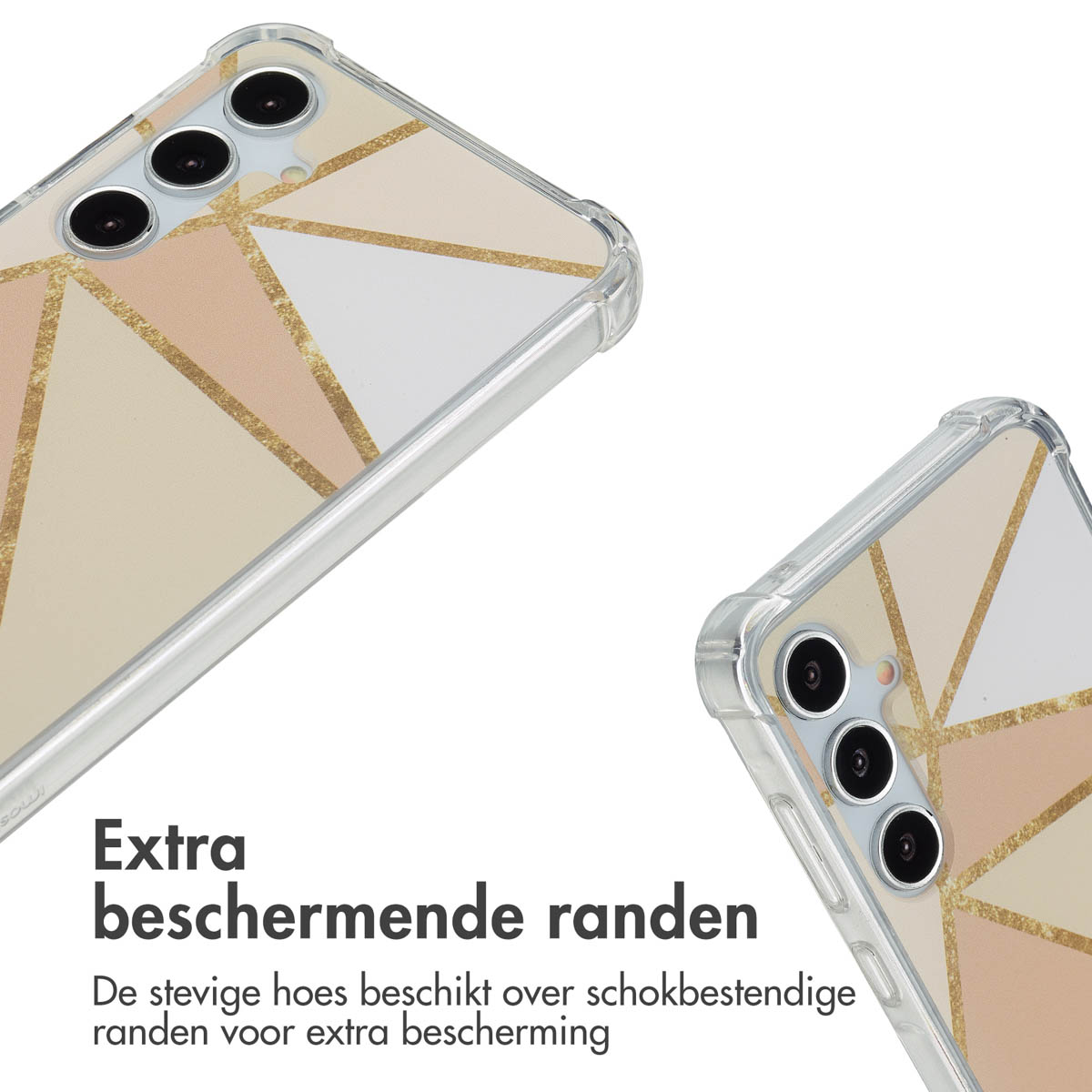 Deux coques de téléphone avec des motifs géométriques. Texte : Bords protecteurs supplémentaires.