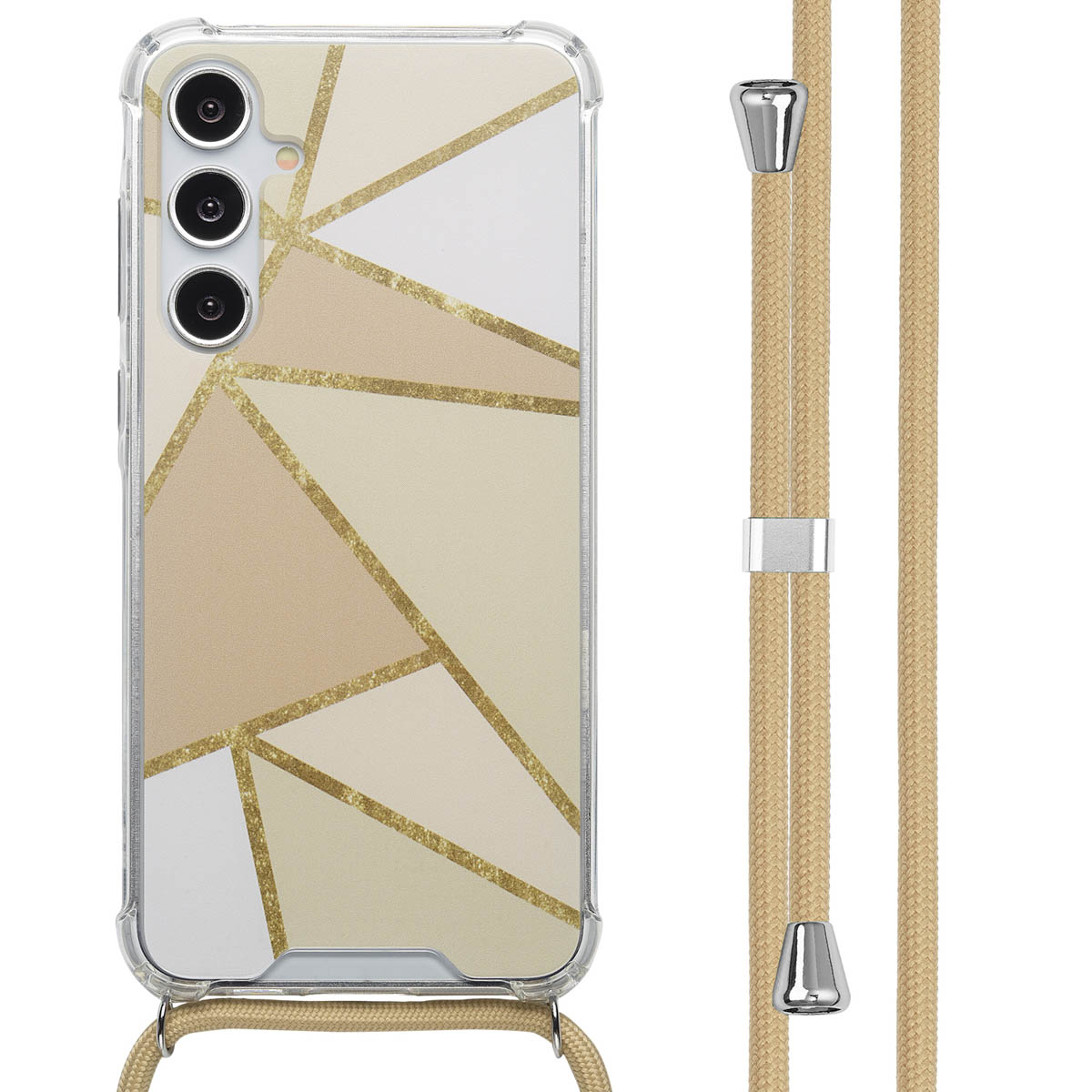 Un téléphone dans un étui avec un design géométrique et une sangle. La sangle est beige.