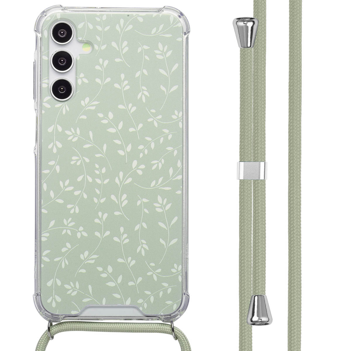 Een telefoonhoesje met bloemenpatroon en een bandje. Tekst: Het telefoonhoesje toont de telefoon binnenin.