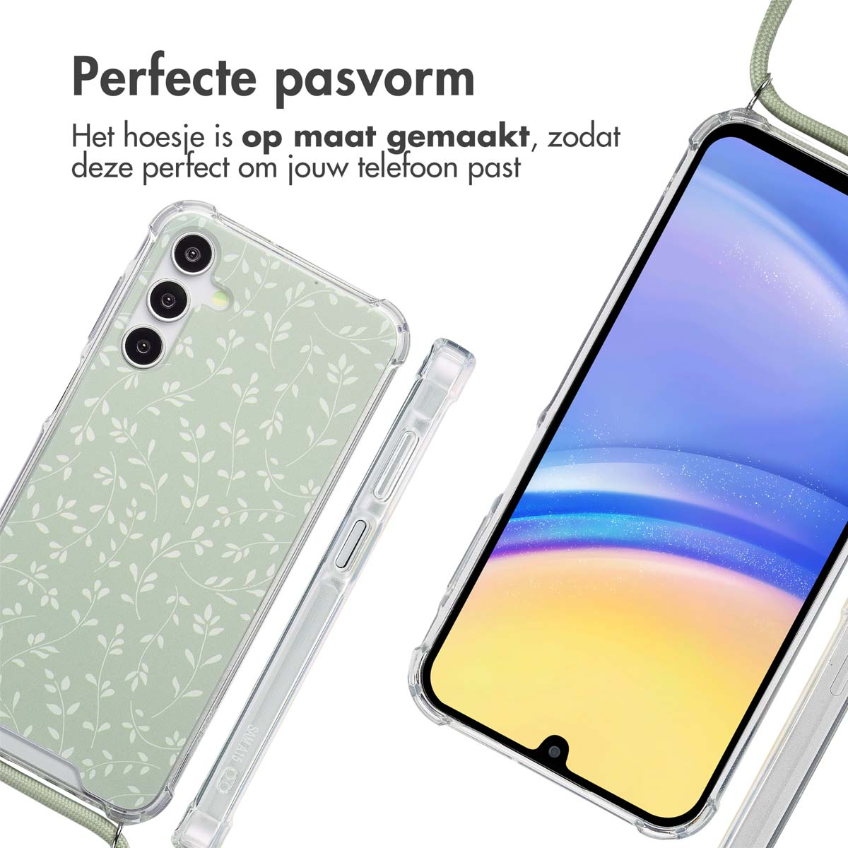 Telefoon en hoesje met bloemenpatroon. Tekst: Perfecte pasvorm. De hoes is op maat gemaakt, zodat hij perfect om je telefoon past.