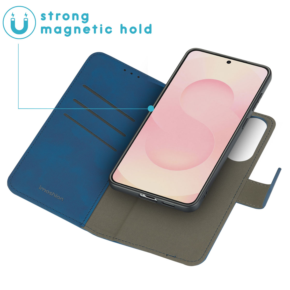 Een blauwe telefoonhoes is open, en toont een telefoon met een roze scherm. Een magneeticoon staat linksboven.