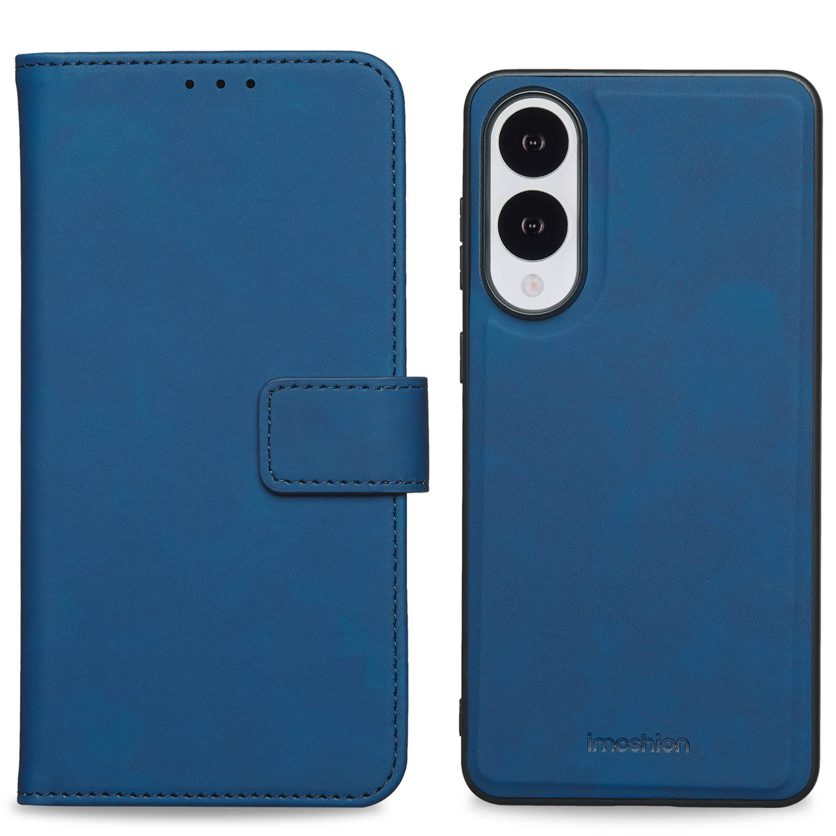 Blauw telefoonhoesje met een opvouwbare klep. Het hoesje is open, en toont de telefoon binnenin.