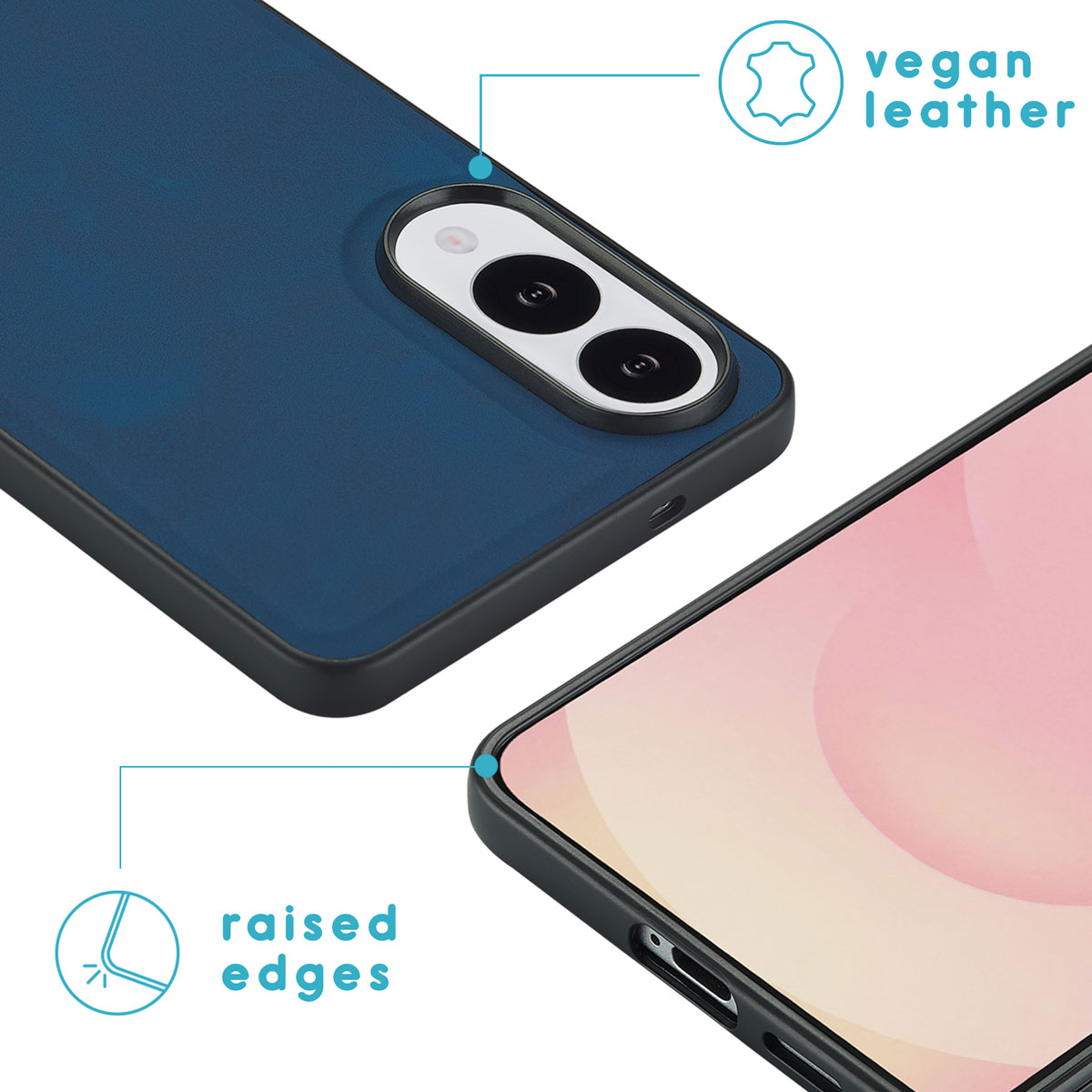 Een telefoonhoesje met een marineblauwe achterkant en zwarte randen. Het telefoonscherm is zichtbaar. Witte tekst en diagram.