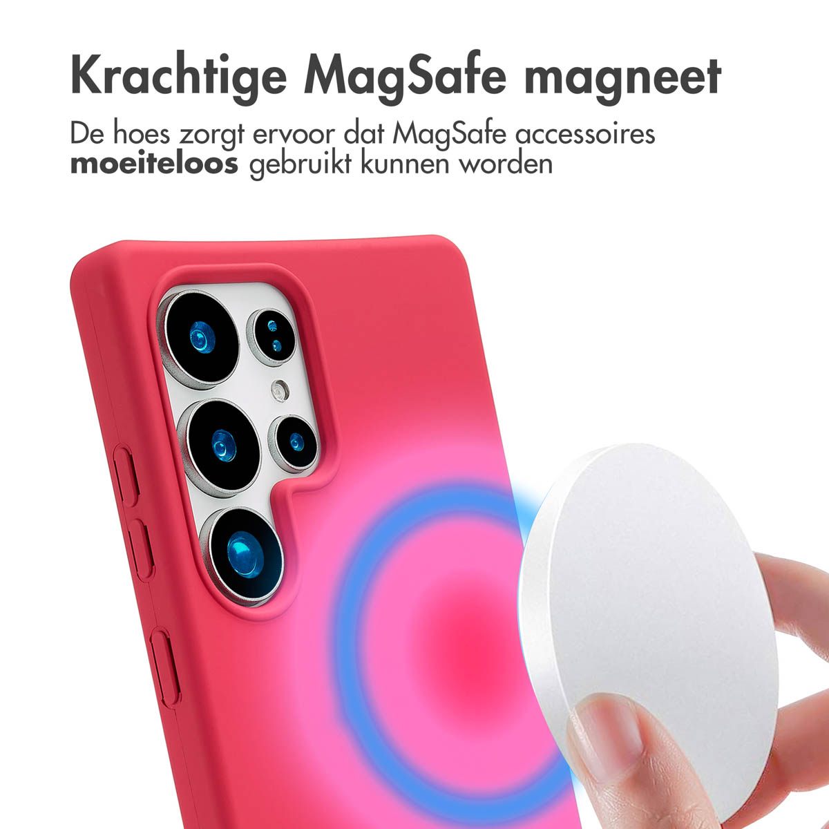 Een rode telefoonhoes met een wit oplaadpad. Het oplaadpad is aan de telefoon bevestigd. Witte tekst.