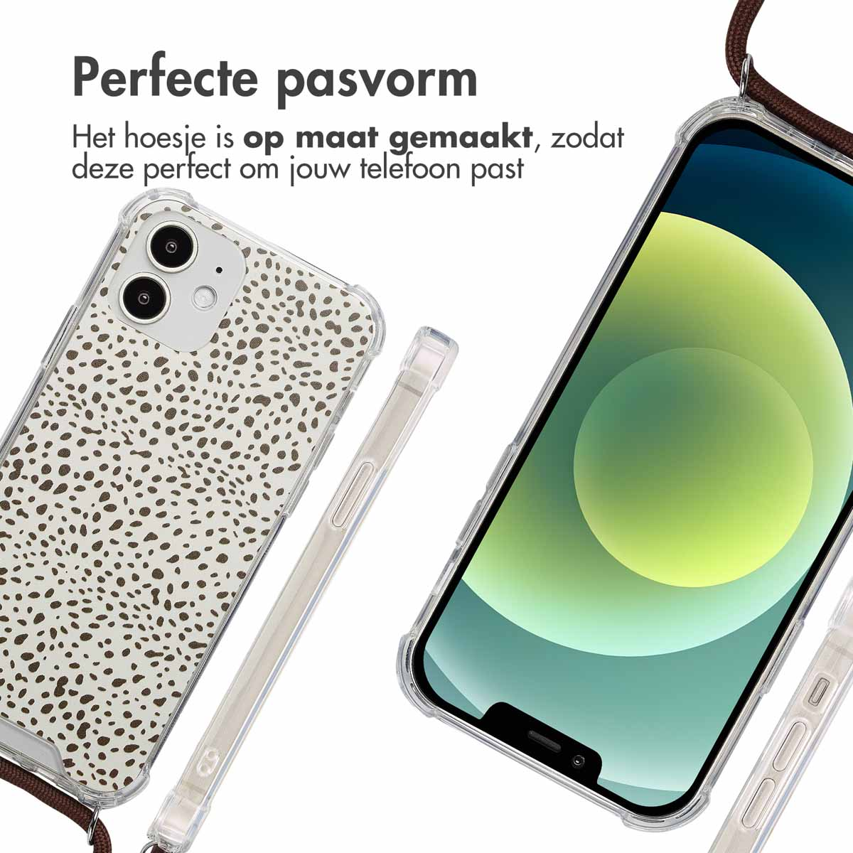 Deux téléphones avec des étuis, l'un avec des points, l'autre avec un écran de téléphone. Les deux ont des sangles marron.