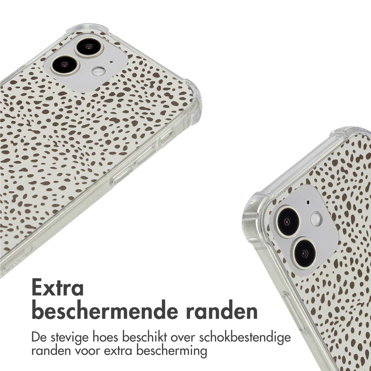 Deux coques avec des points blancs et marrons. Les coques ont des bords protecteurs pour le téléphone.