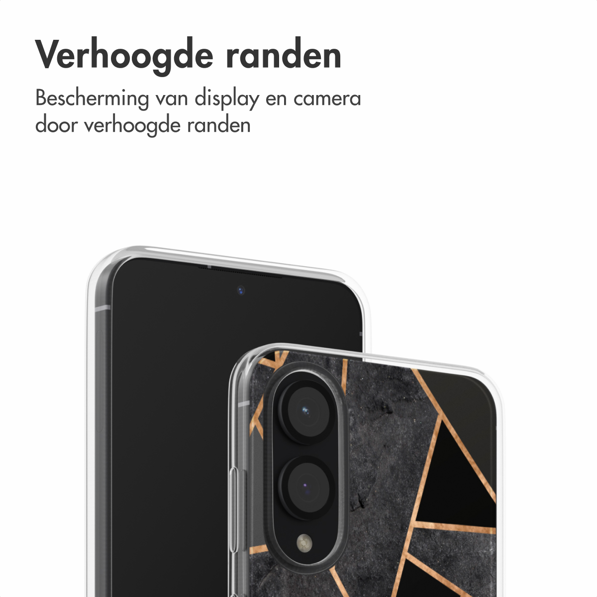 Twee telefoons, één in een zwart-gouden hoesje, de andere met een zwart scherm. De hoes heeft verhoogde randen.